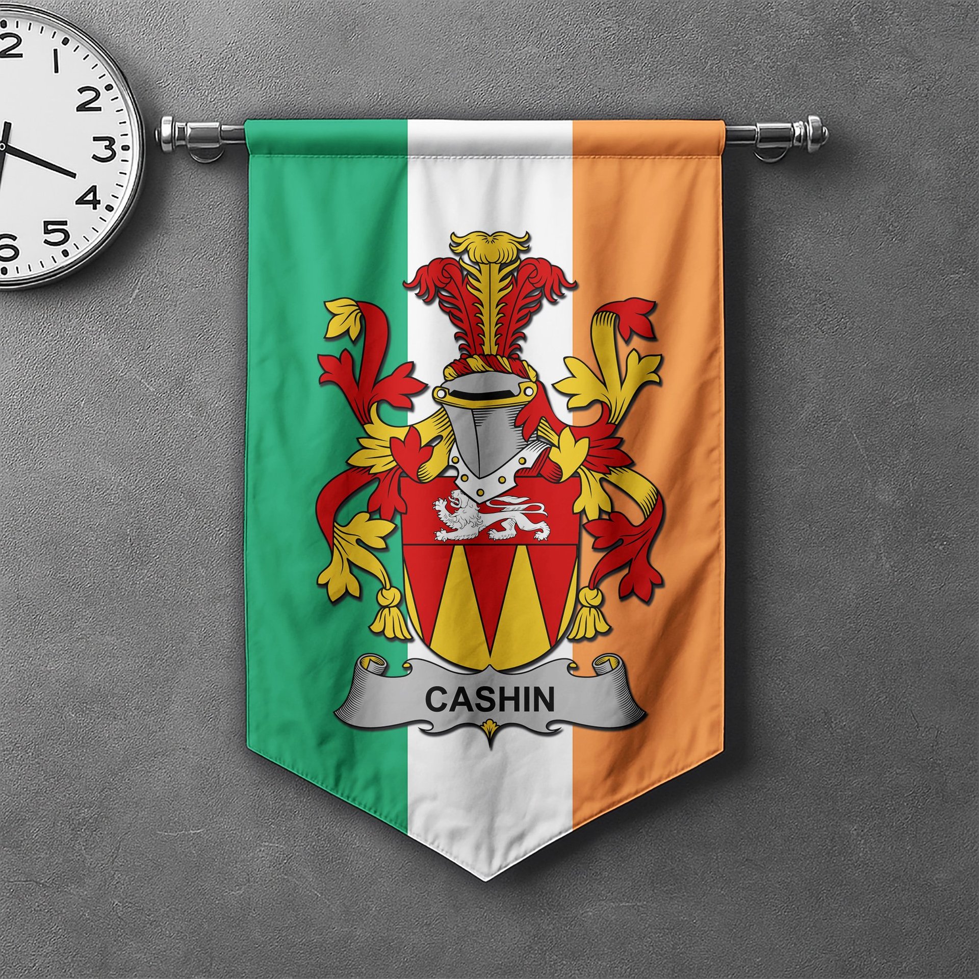 ScotsTee Shop Irish Cashin or McCashine Clan Coat of Arms Irish Tartan Gonfalon Flag