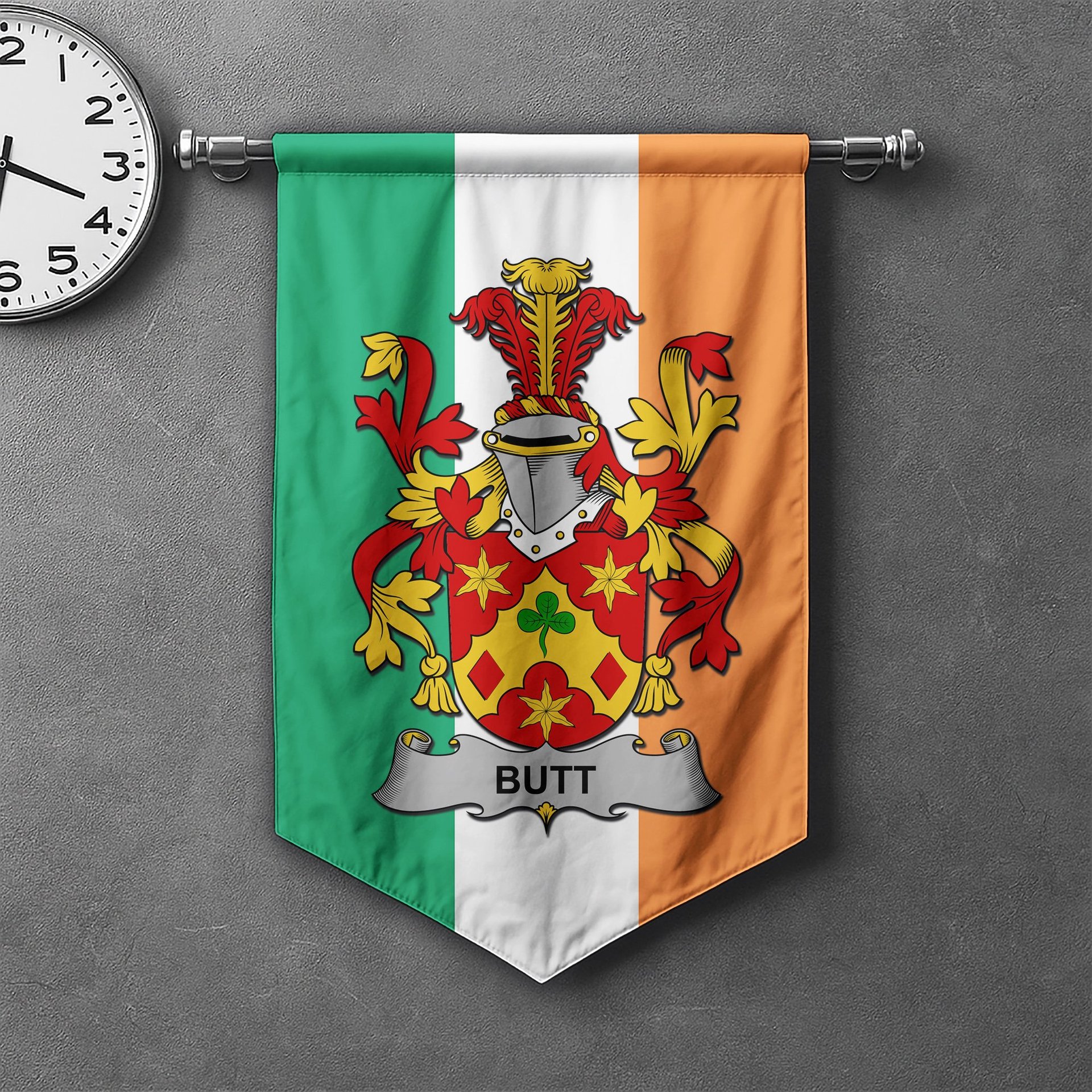 ScotsTee Shop Irish Butt Clan Coat of Arms Irish Tartan Gonfalon Flag