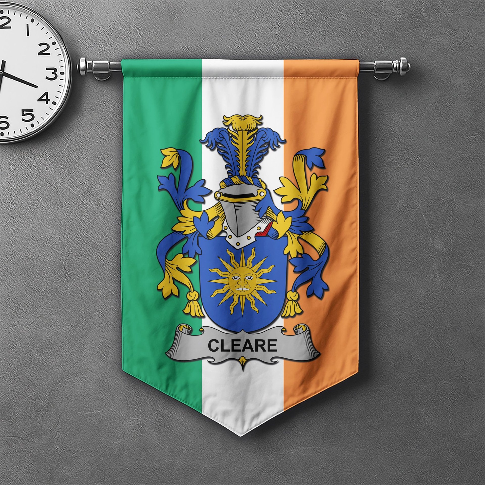 ScotsTee Shop Irish Cleare Clan Coat of Arms Irish Tartan Gonfalon Flag