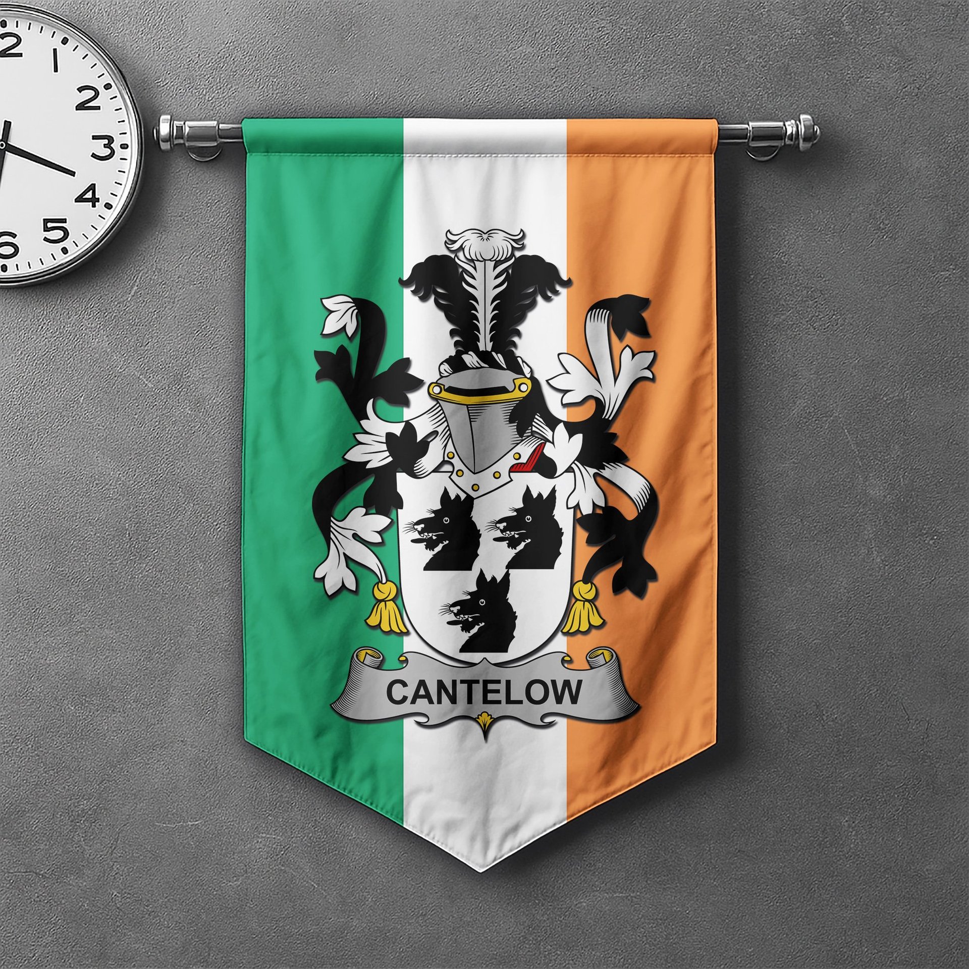 ScotsTee Shop Irish Cantelow (e) Clan Coat of Arms Irish Tartan Gonfalon Flag