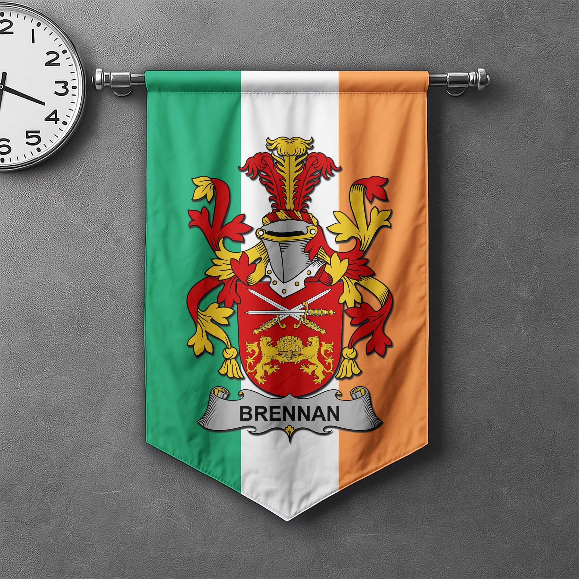 ScotsTee Shop Irish Brennan or O'Brennan Clan Coat of Arms Irish Tartan Gonfalon Flag