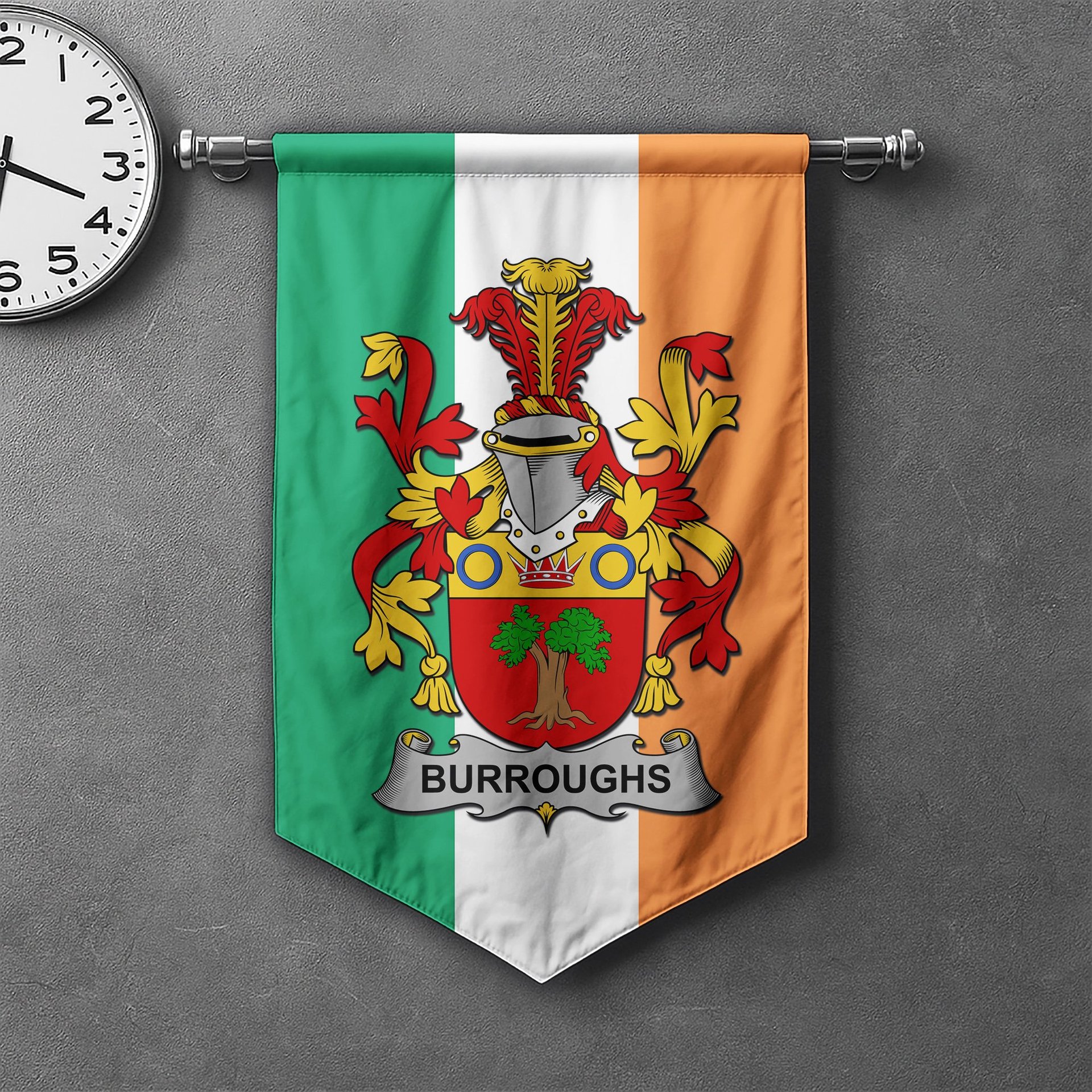 ScotsTee Shop Irish Burroughs Clan Coat of Arms Irish Tartan Gonfalon Flag