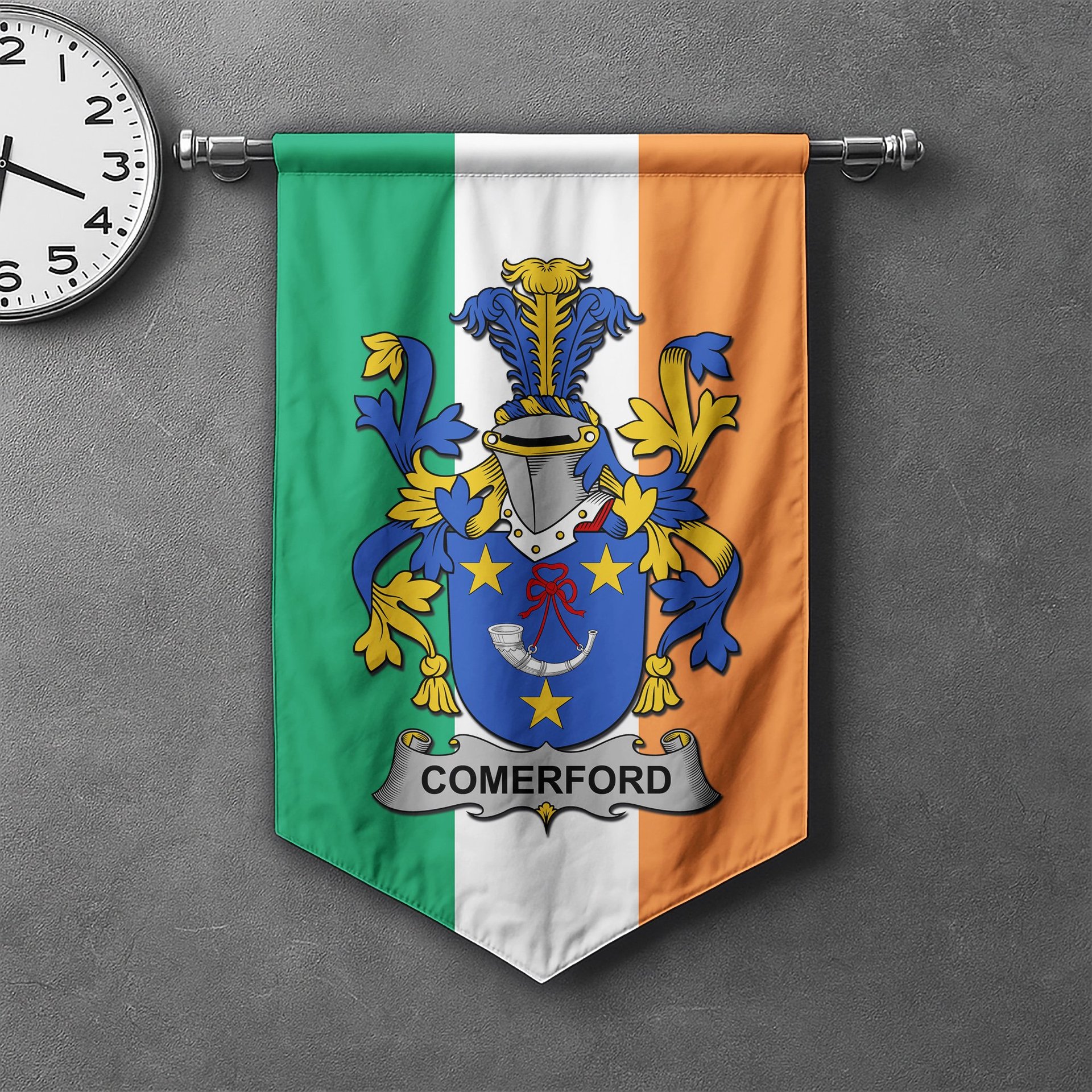 ScotsTee Shop Irish Comerford Clan Coat of Arms Irish Tartan Gonfalon Flag