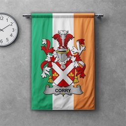 ScotsTee Shop Irish Corry or O'Corry Clan Coat of Arms Irish Tartan Gonfalon Flag
