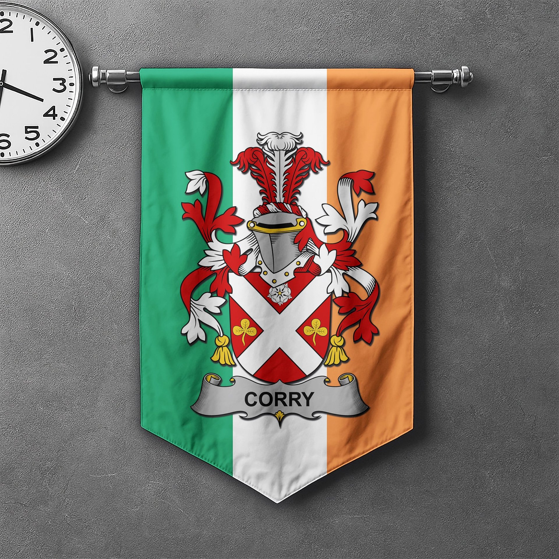 ScotsTee Shop Irish Corry or O'Corry Clan Coat of Arms Irish Tartan Gonfalon Flag