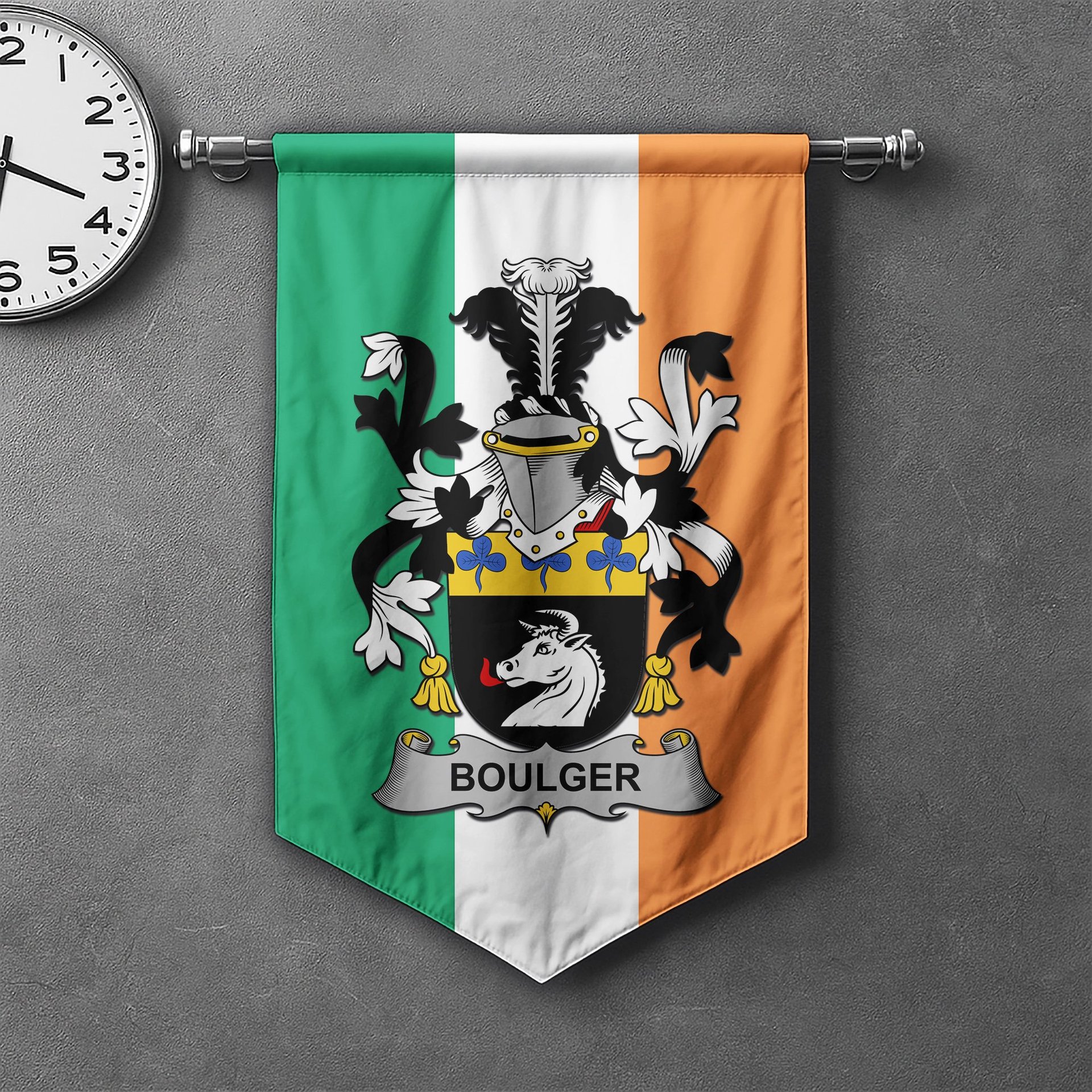 ScotsTee Shop Irish Boulger or O'Bolger Clan Coat of Arms Irish Tartan Gonfalon Flag