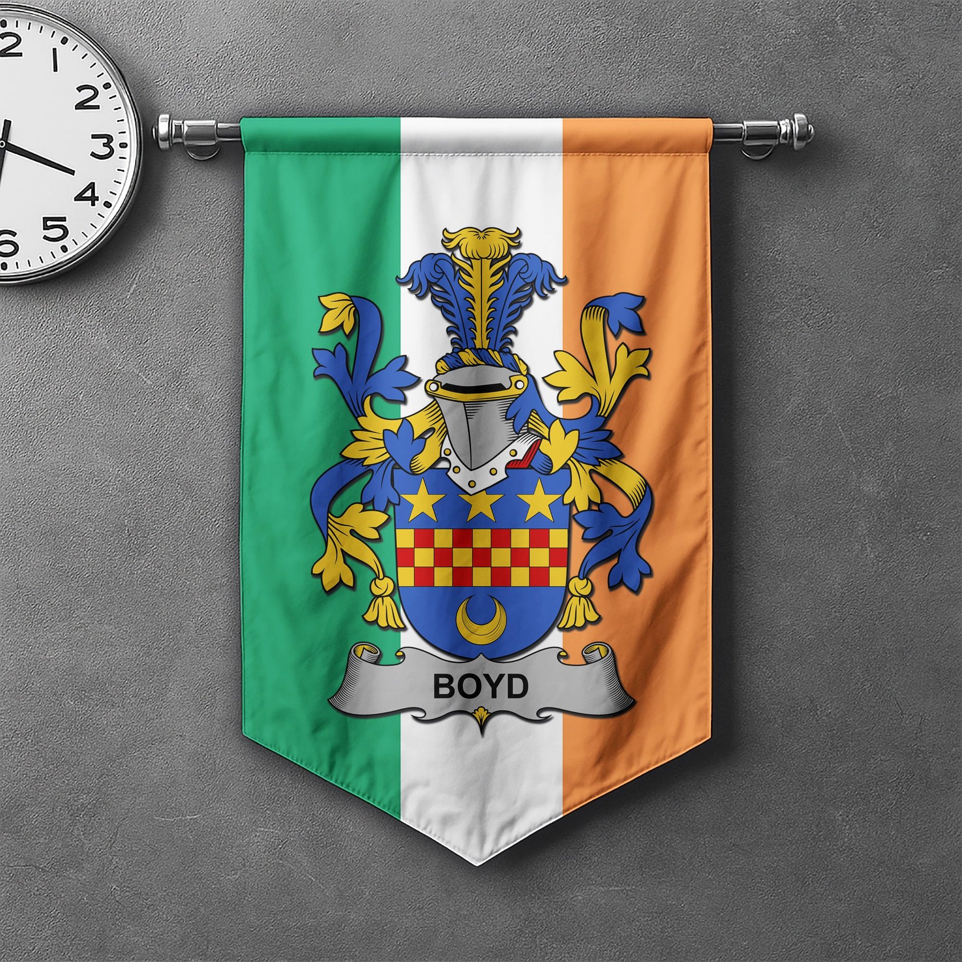 ScotsTee Shop Irish Boyd (of Danson) Clan Coat of Arms Irish Tartan Gonfalon Flag