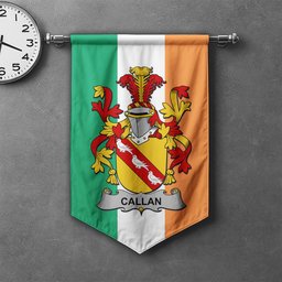 ScotsTee Shop Irish Callan or O'Callan Clan Coat of Arms Irish Tartan Gonfalon Flag