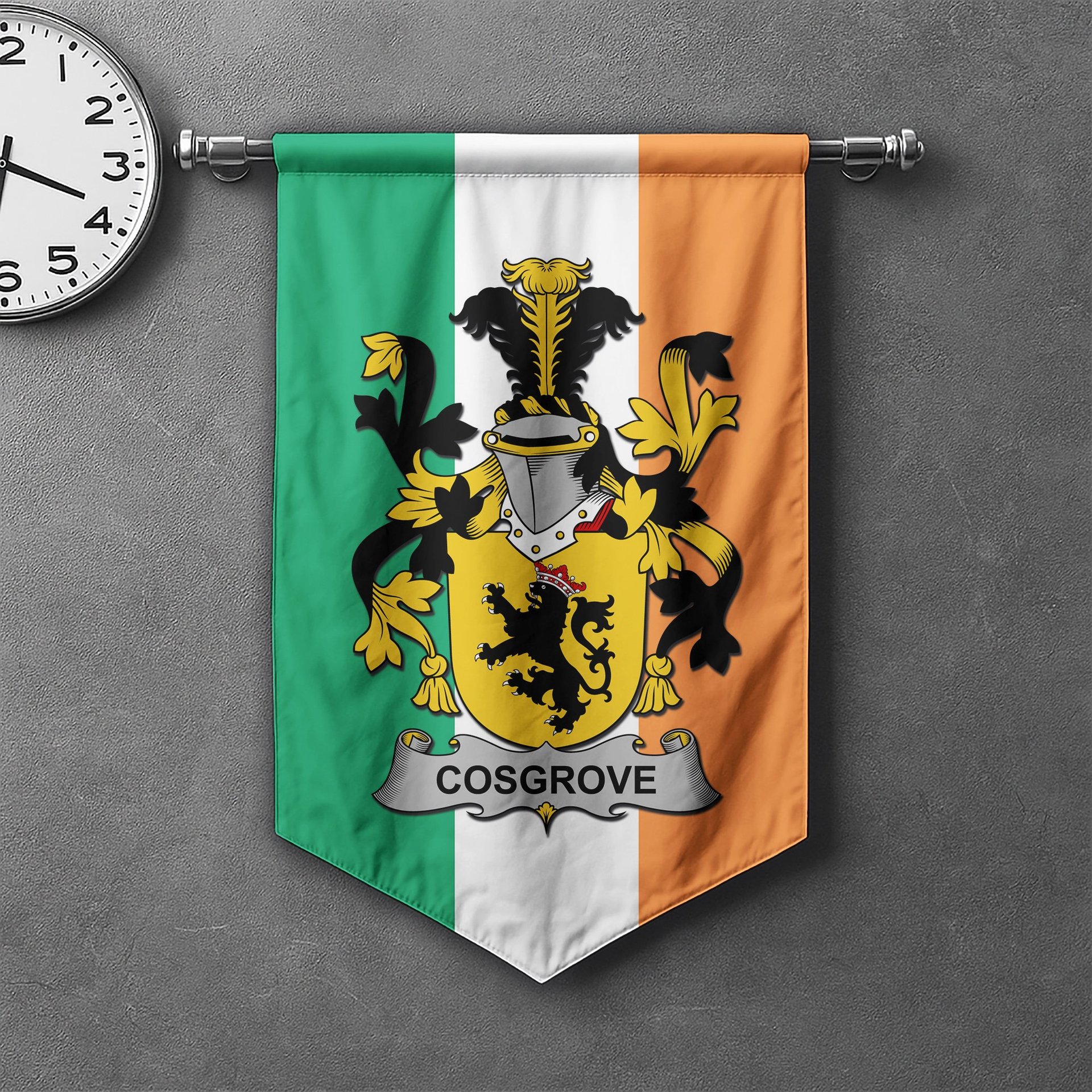 ScotsTee Shop Irish Cosgrove or O'Cosgrave Clan Coat of Arms Irish Tartan Gonfalon Flag