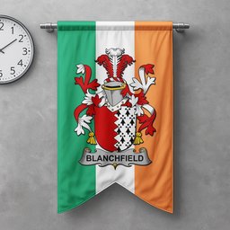 ScotsTee Shop Irish Blanchfield Clan Coat of Arms Irish Tartan Gonfalon Flag
