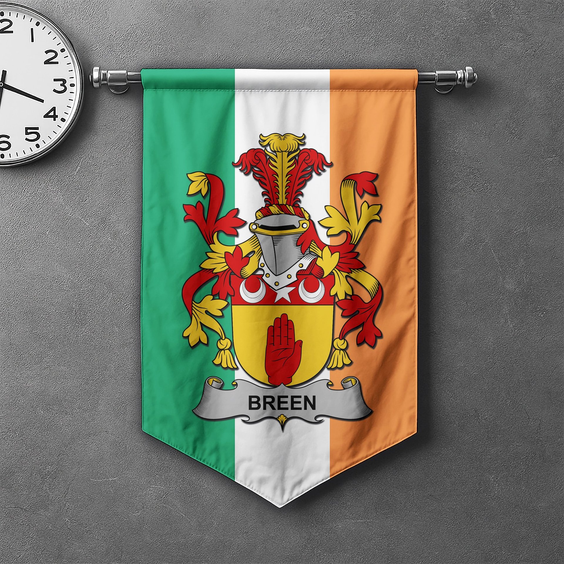 ScotsTee Shop Irish Breen or O'Breen Clan Coat of Arms Irish Tartan Gonfalon Flag