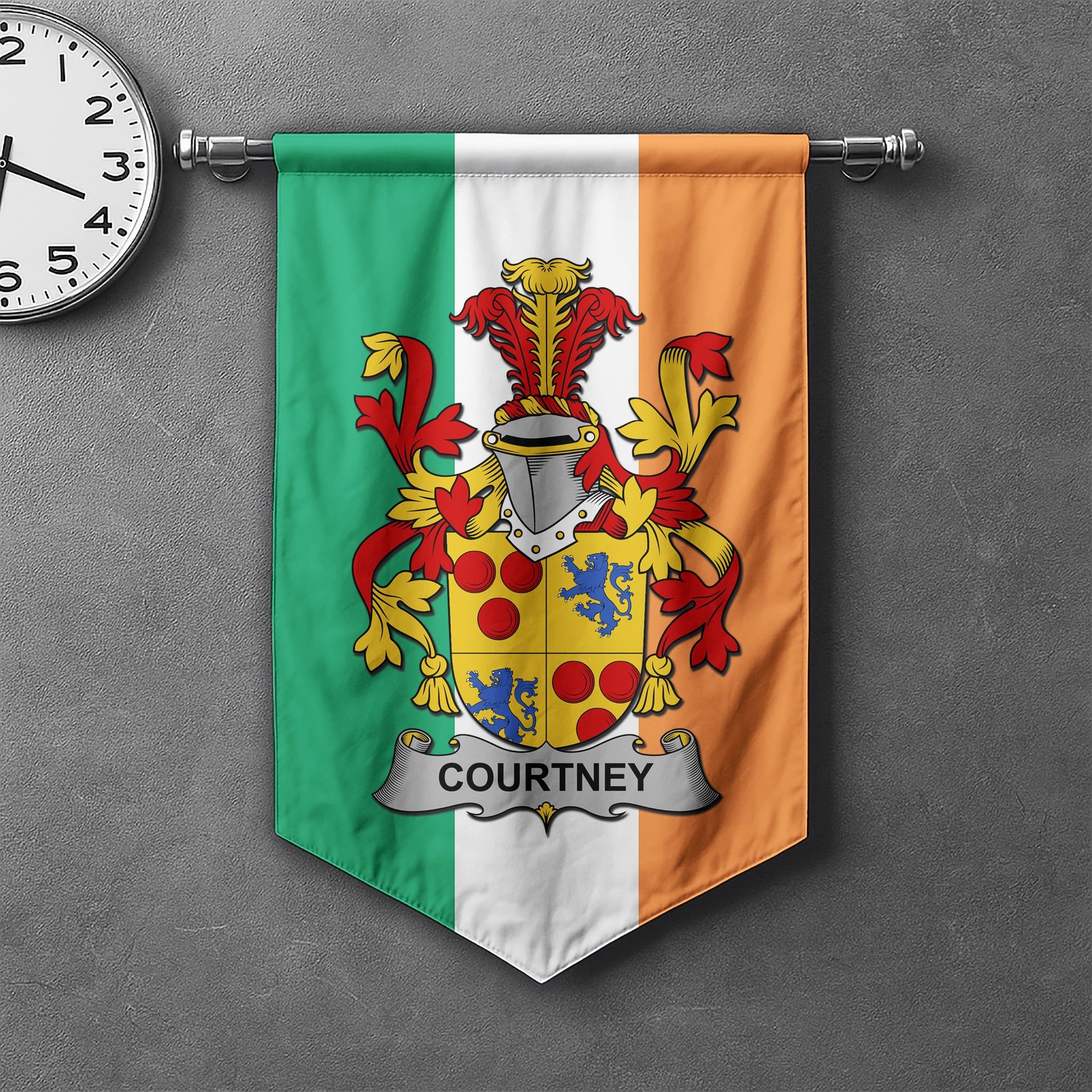 ScotsTee Shop Irish Courtney Clan Coat of Arms Irish Tartan Gonfalon Flag