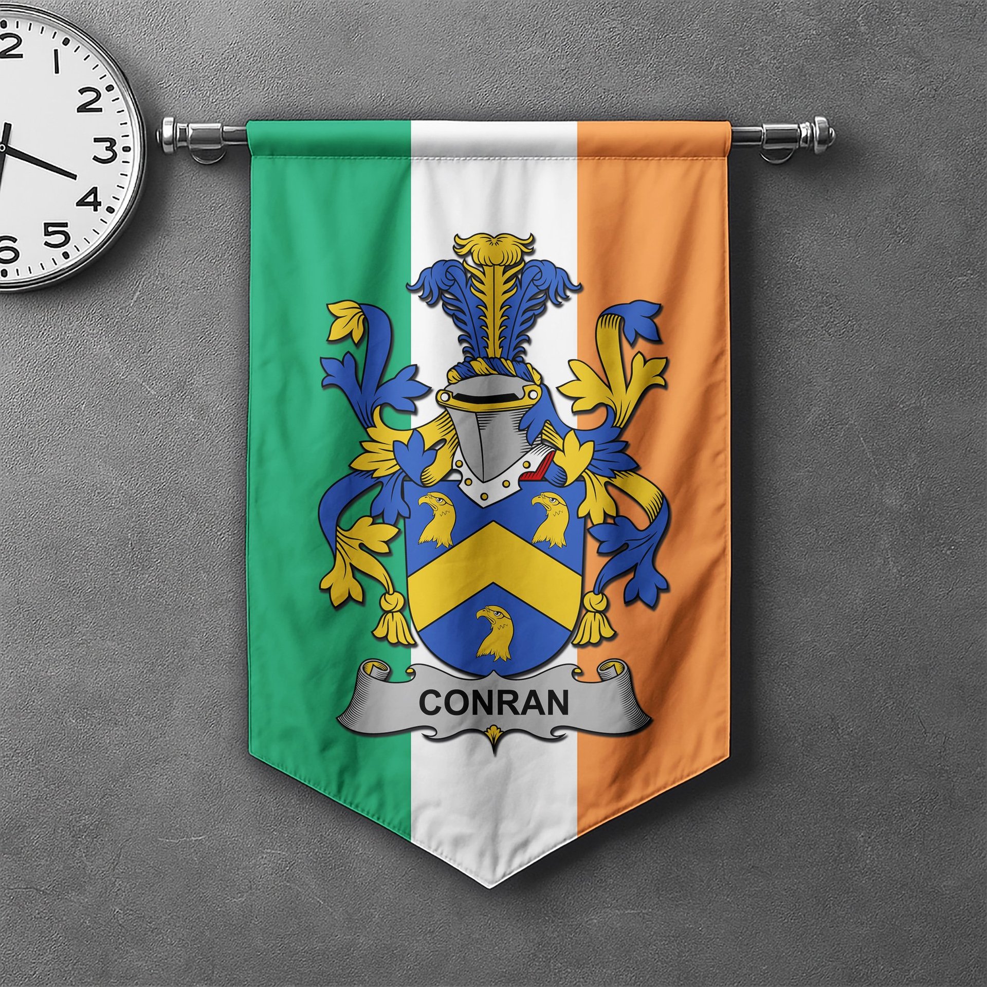 ScotsTee Shop Irish Conran or O'Condron Clan Coat of Arms Irish Tartan Gonfalon Flag