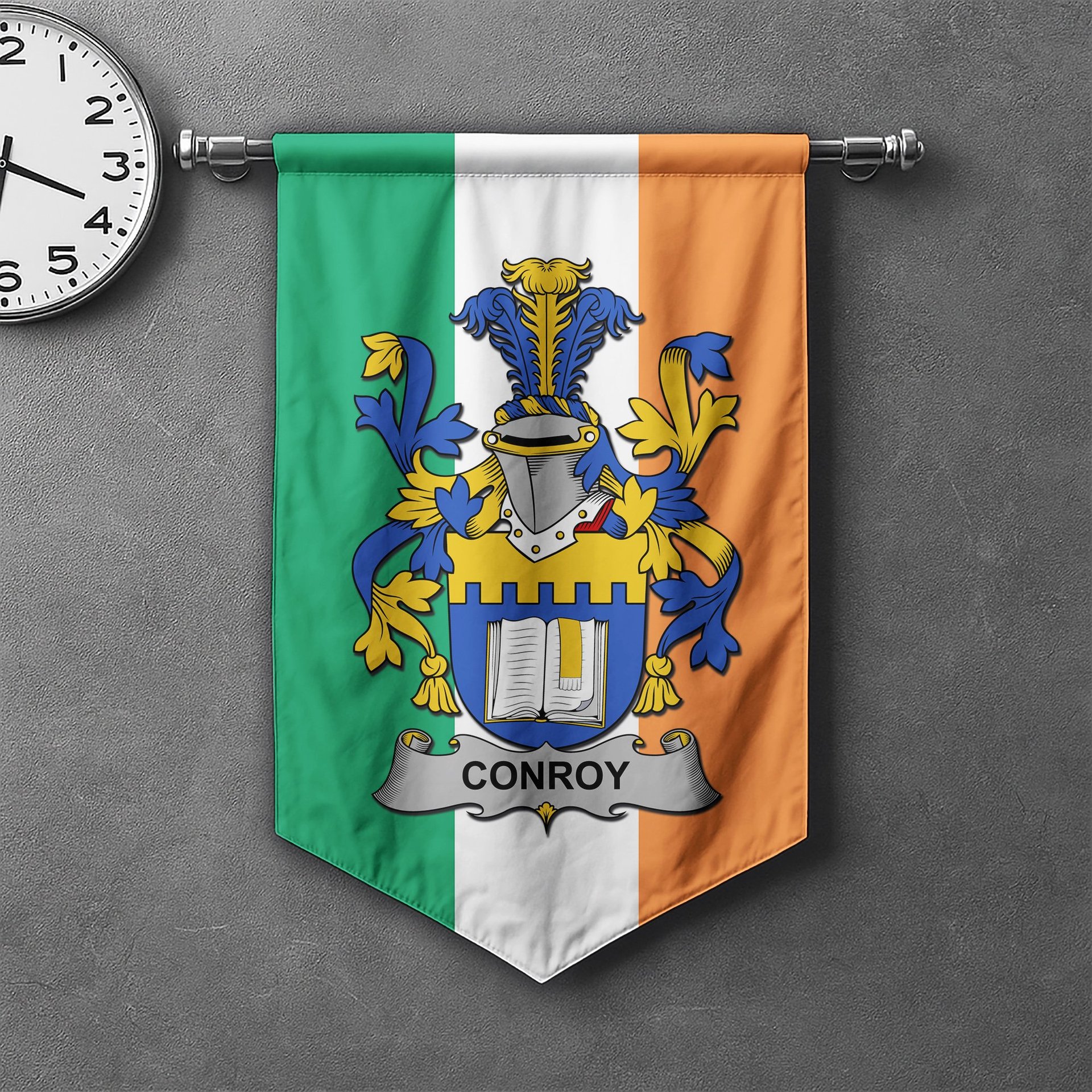 ScotsTee Shop Irish Conroy or O'Mulconroy Clan Coat of Arms Irish Tartan Gonfalon Flag