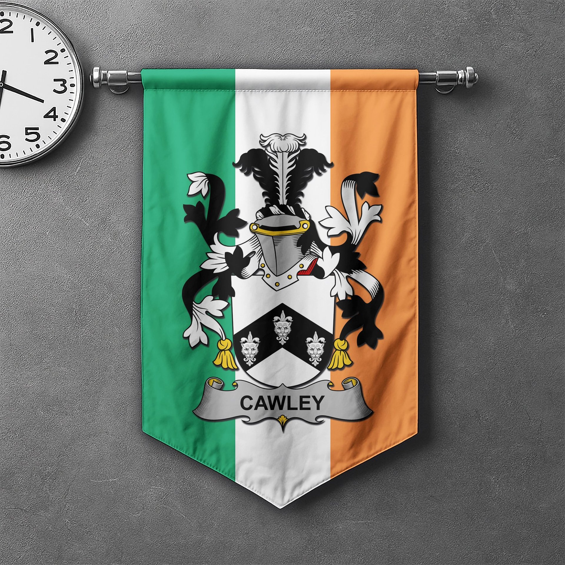 ScotsTee Shop Irish Cawley or Cauley Clan Coat of Arms Irish Tartan Gonfalon Flag
