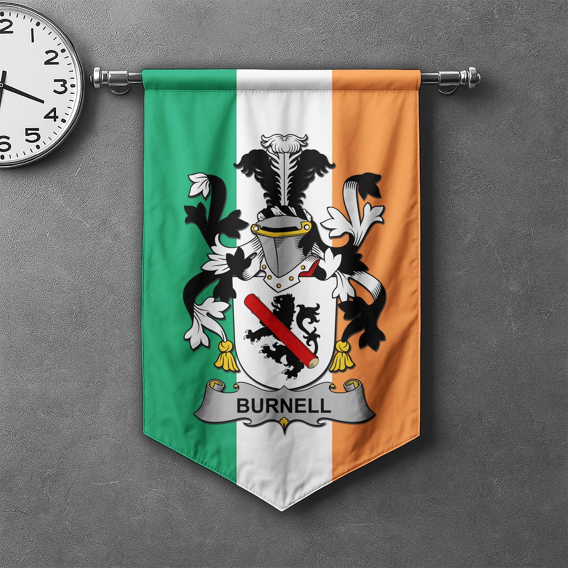 ScotsTee Shop Irish Burnell Clan Coat of Arms Irish Tartan Gonfalon Flag