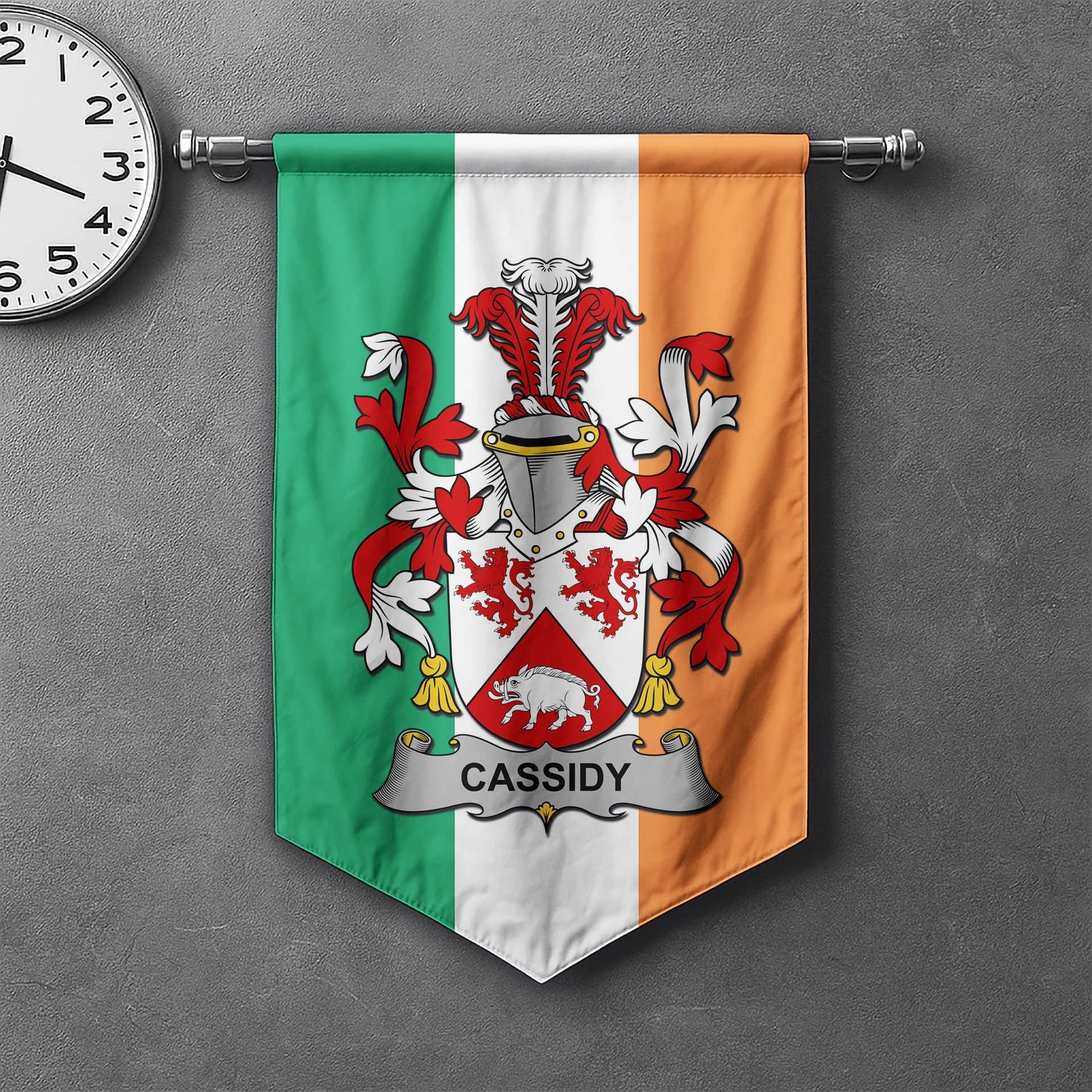 ScotsTee Shop Irish Cassidy or O'Cassidy Clan Coat of Arms Irish Tartan Gonfalon Flag