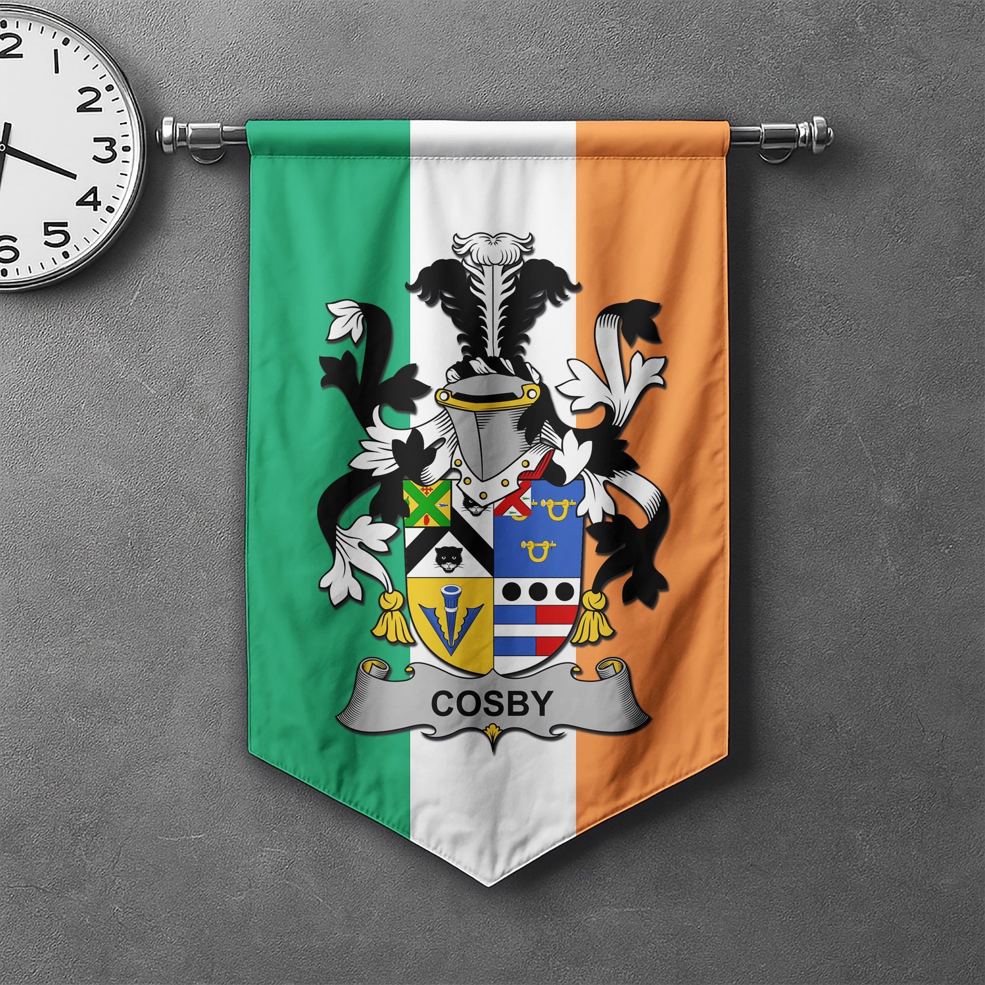 ScotsTee Shop Irish Cosby (Lord Sydney) Clan Coat of Arms Irish Tartan Gonfalon Flag