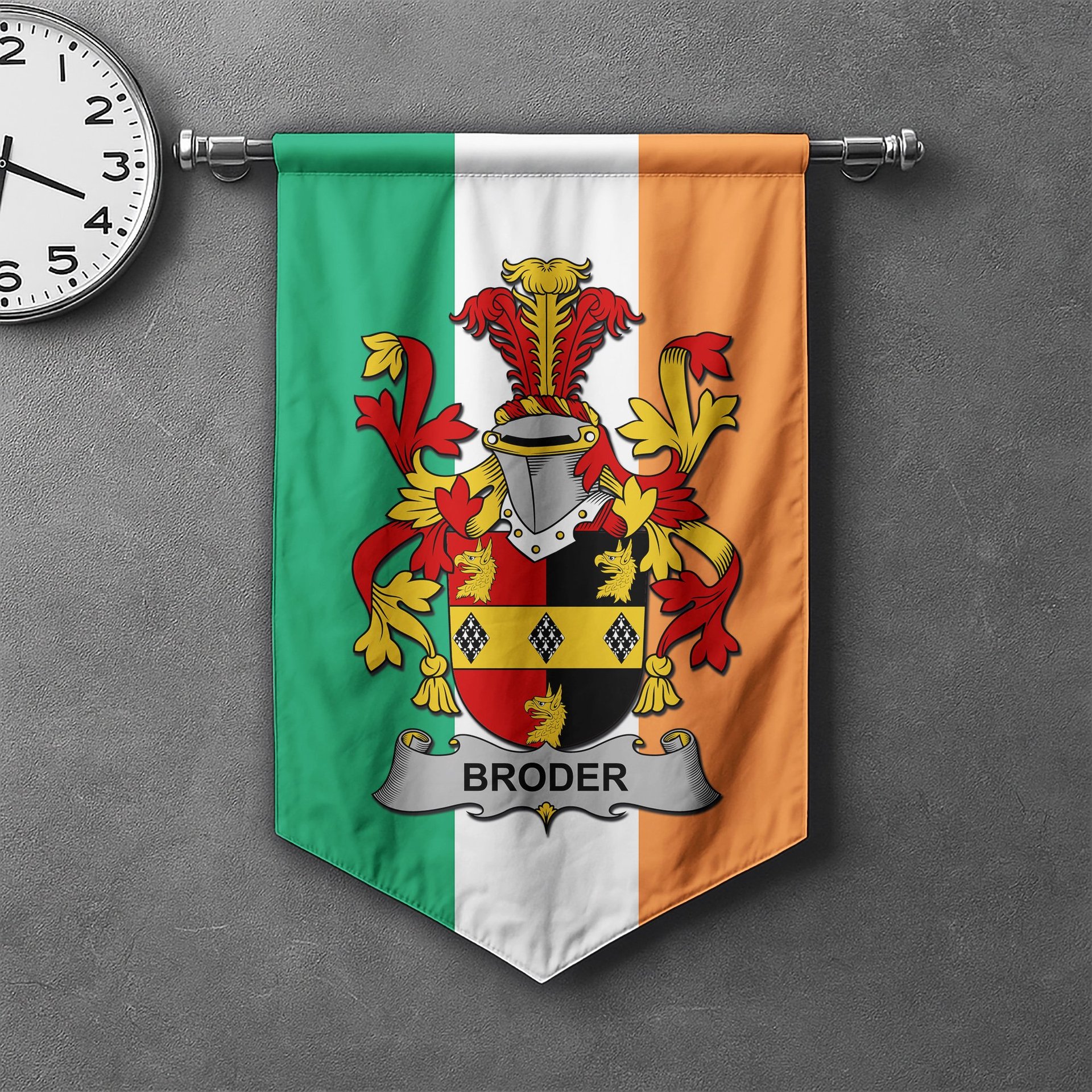ScotsTee Shop Irish Broder or O'Broder Clan Coat of Arms Irish Tartan Gonfalon Flag