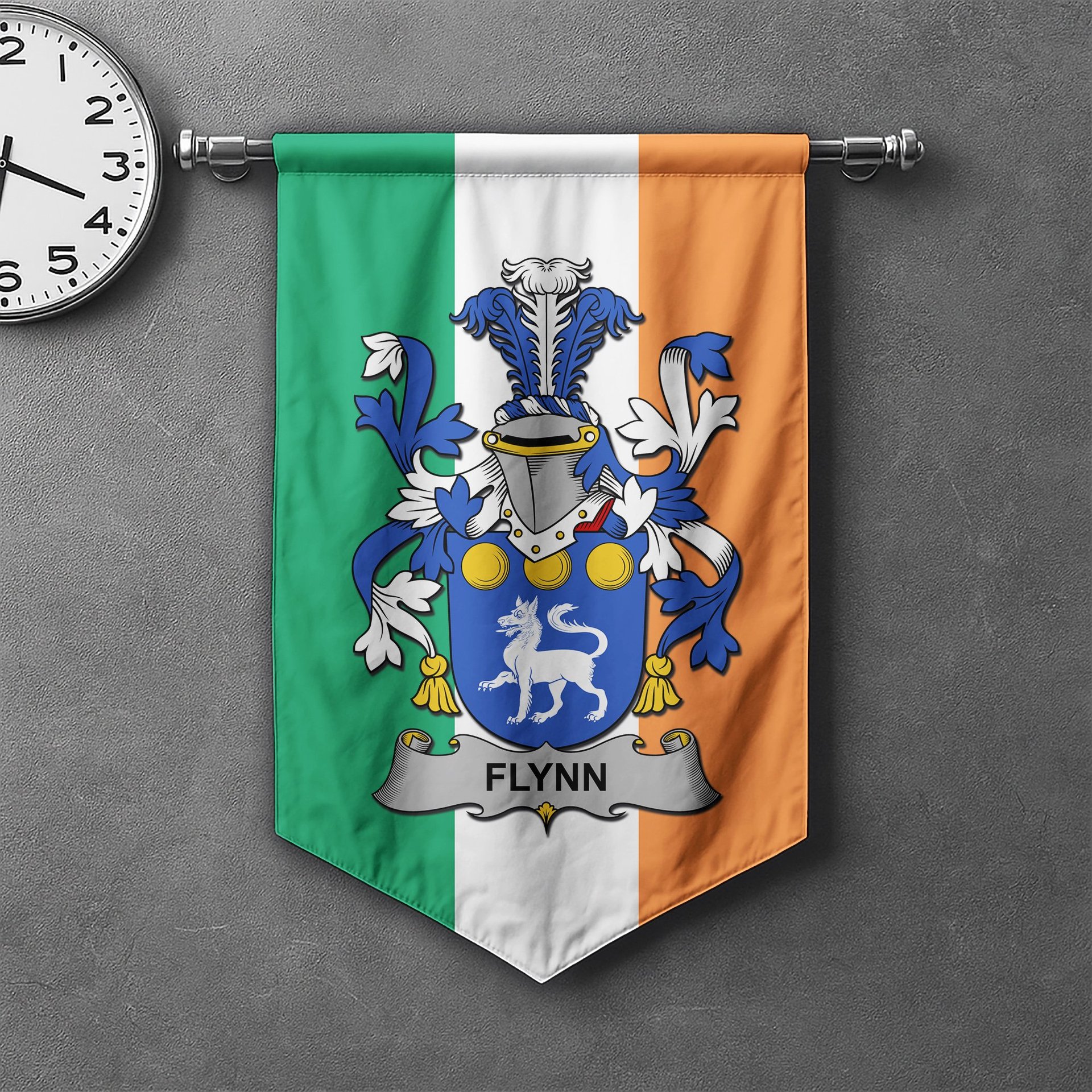 ScotsTee Shop Irish Flynn or O'Flynn Clan Coat of Arms Irish Tartan Gonfalon Flag