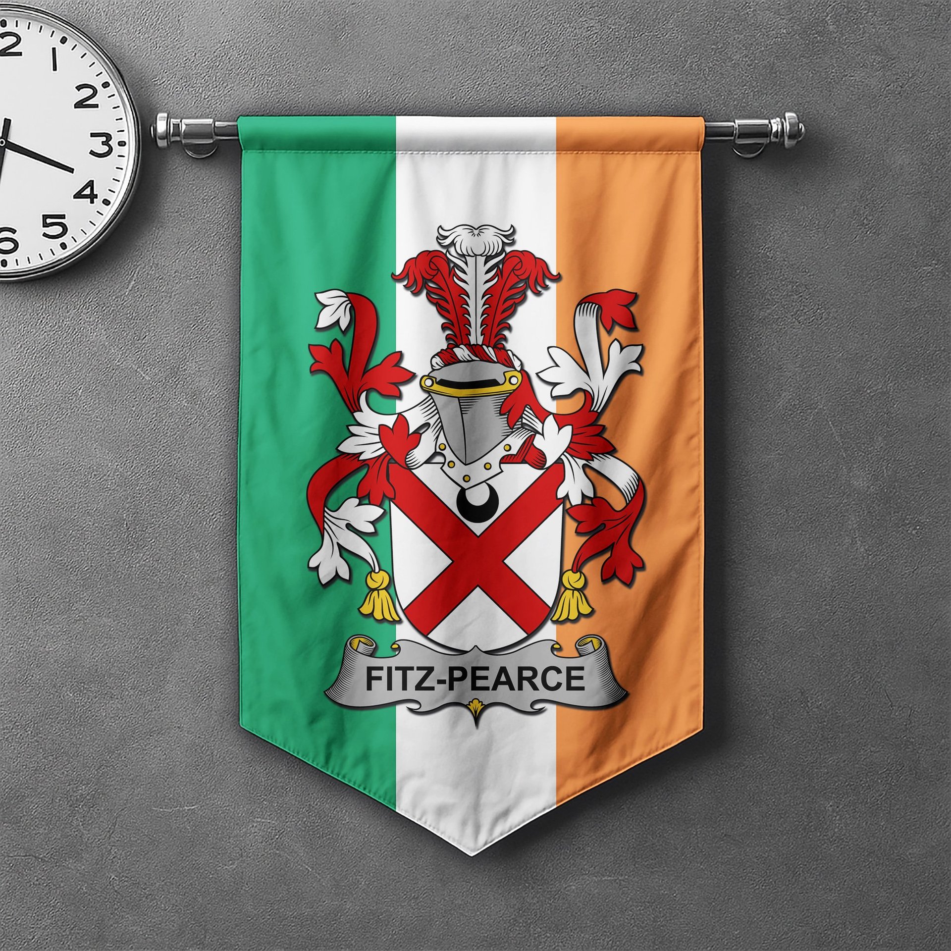 ScotsTee Shop Irish Fitz-Pearce Clan Coat of Arms Irish Tartan Gonfalon Flag