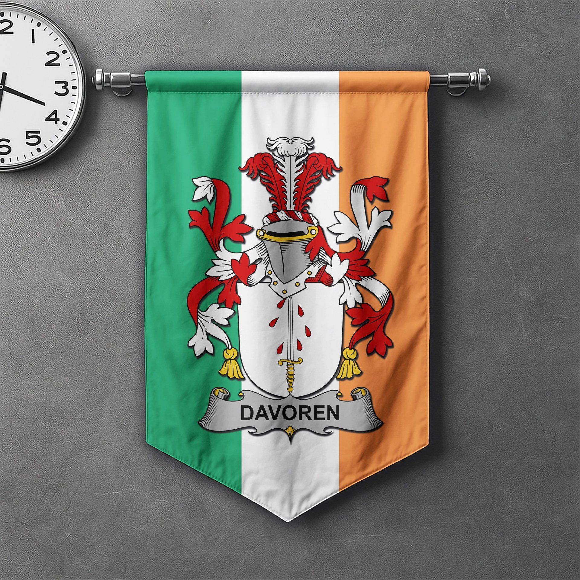 ScotsTee Shop Irish Davoren or O'Davoren Clan Coat of Arms Irish Tartan Gonfalon Flag
