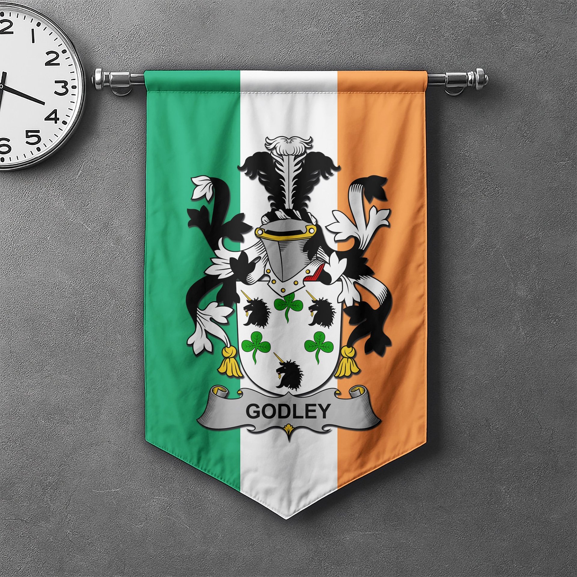 ScotsTee Shop Irish Godley Clan Coat of Arms Irish Tartan Gonfalon Flag