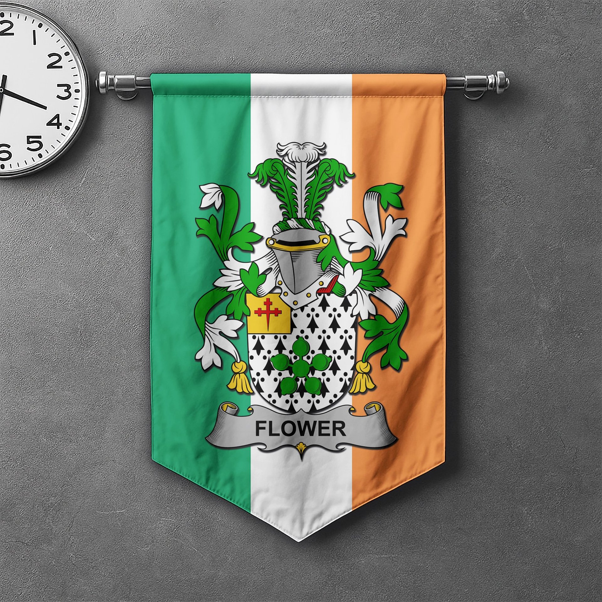 ScotsTee Shop Irish Flower Clan Coat of Arms Irish Tartan Gonfalon Flag