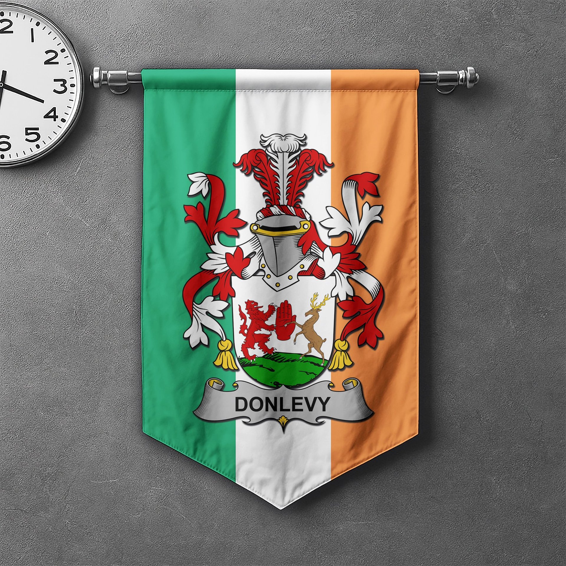 ScotsTee Shop Irish Donlevy or O'Donlevy Clan Coat of Arms Irish Tartan Gonfalon Flag