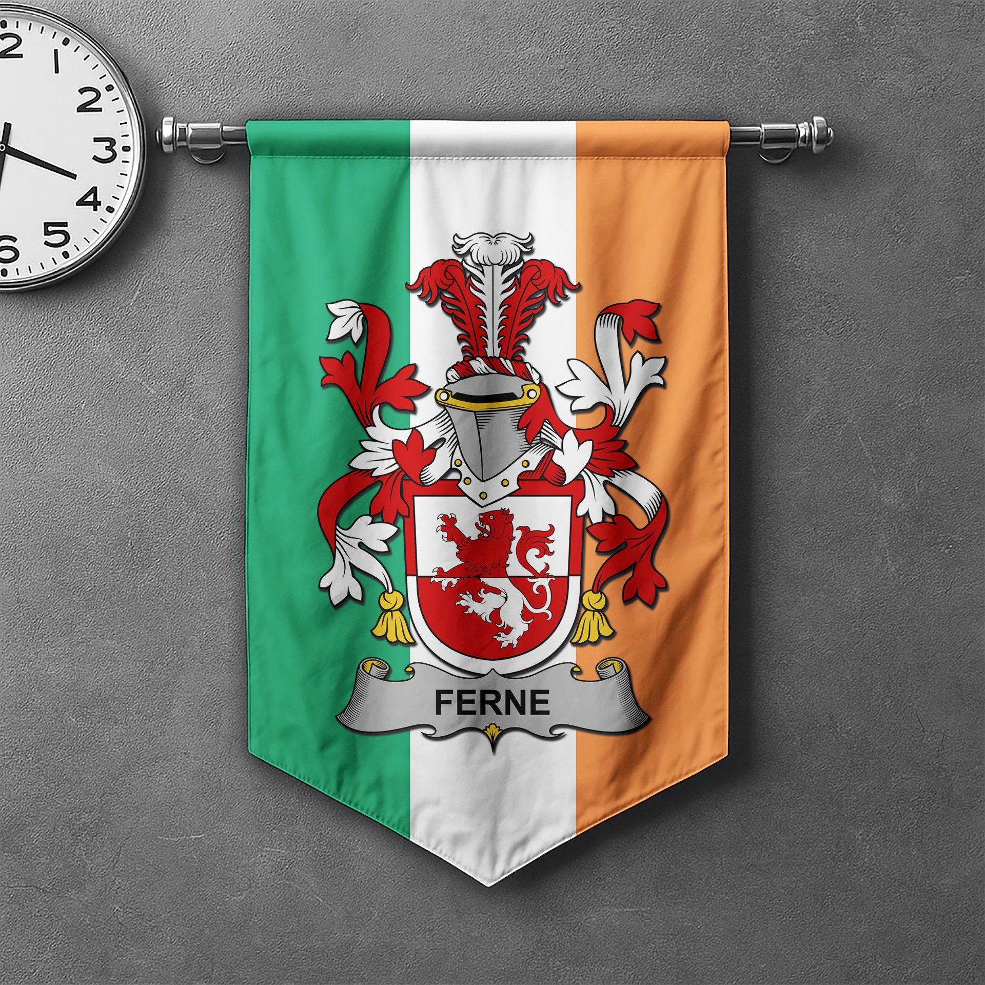 ScotsTee Shop Irish Ferne Clan Coat of Arms Irish Tartan Gonfalon Flag