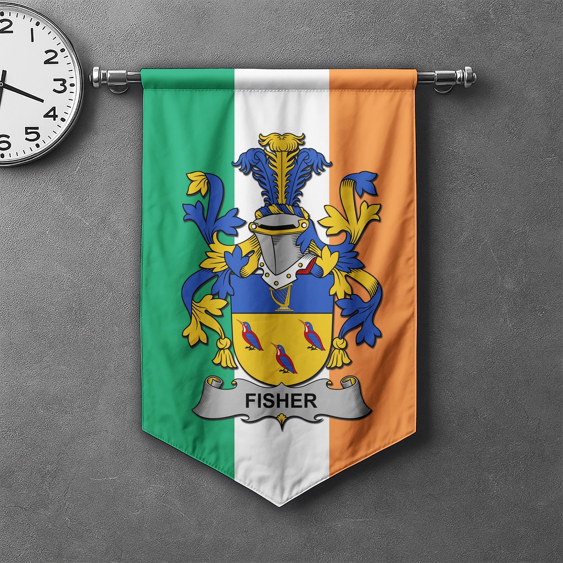 ScotsTee Shop Irish Fisher Clan Coat of Arms Irish Tartan Gonfalon Flag