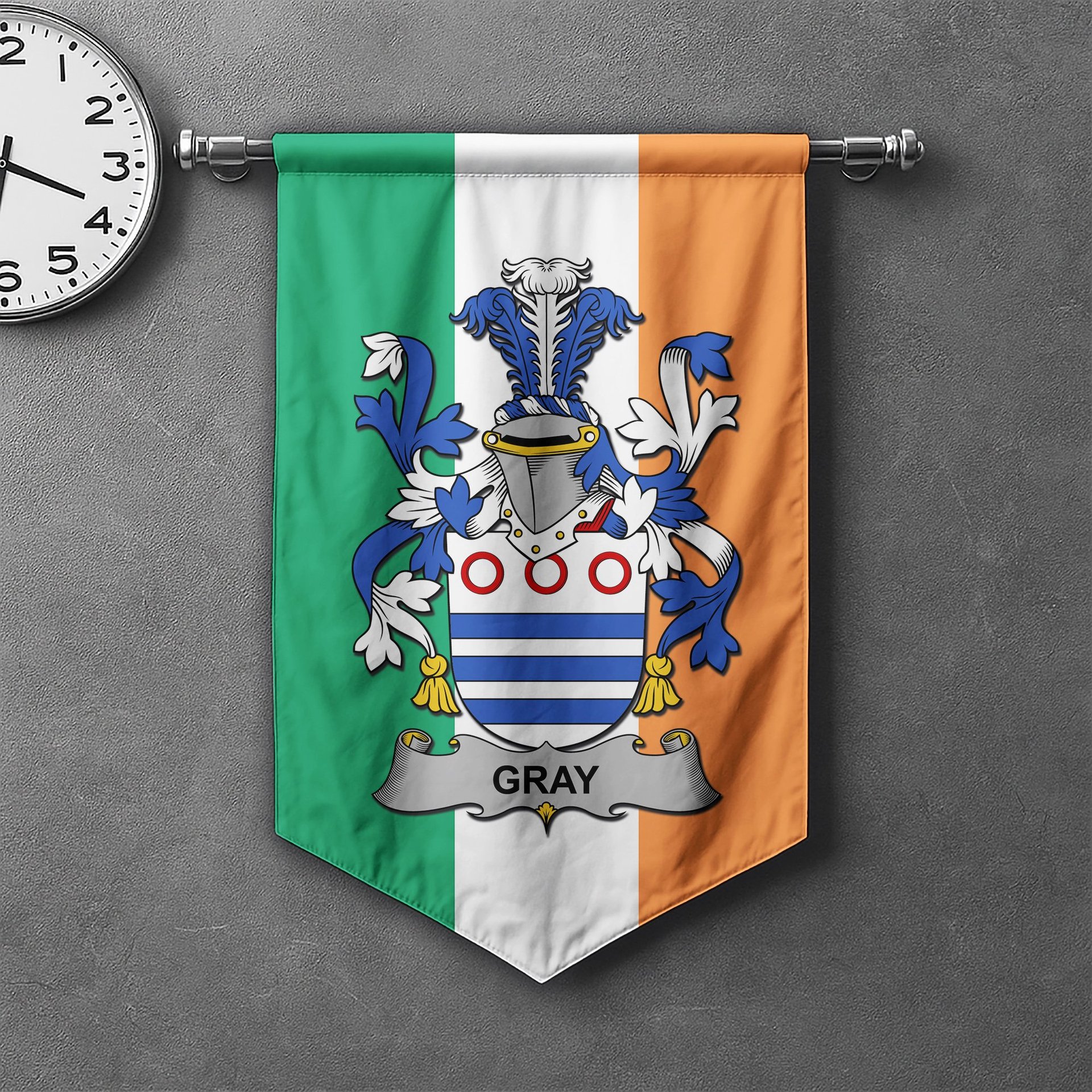 ScotsTee Shop Irish Gray Clan Coat of Arms Irish Tartan Gonfalon Flag