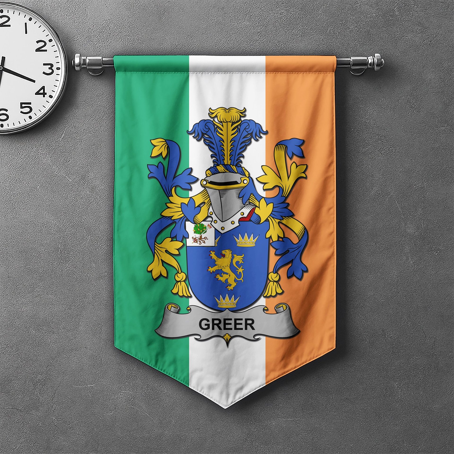 ScotsTee Shop Irish Greer Clan Coat of Arms Irish Tartan Gonfalon Flag