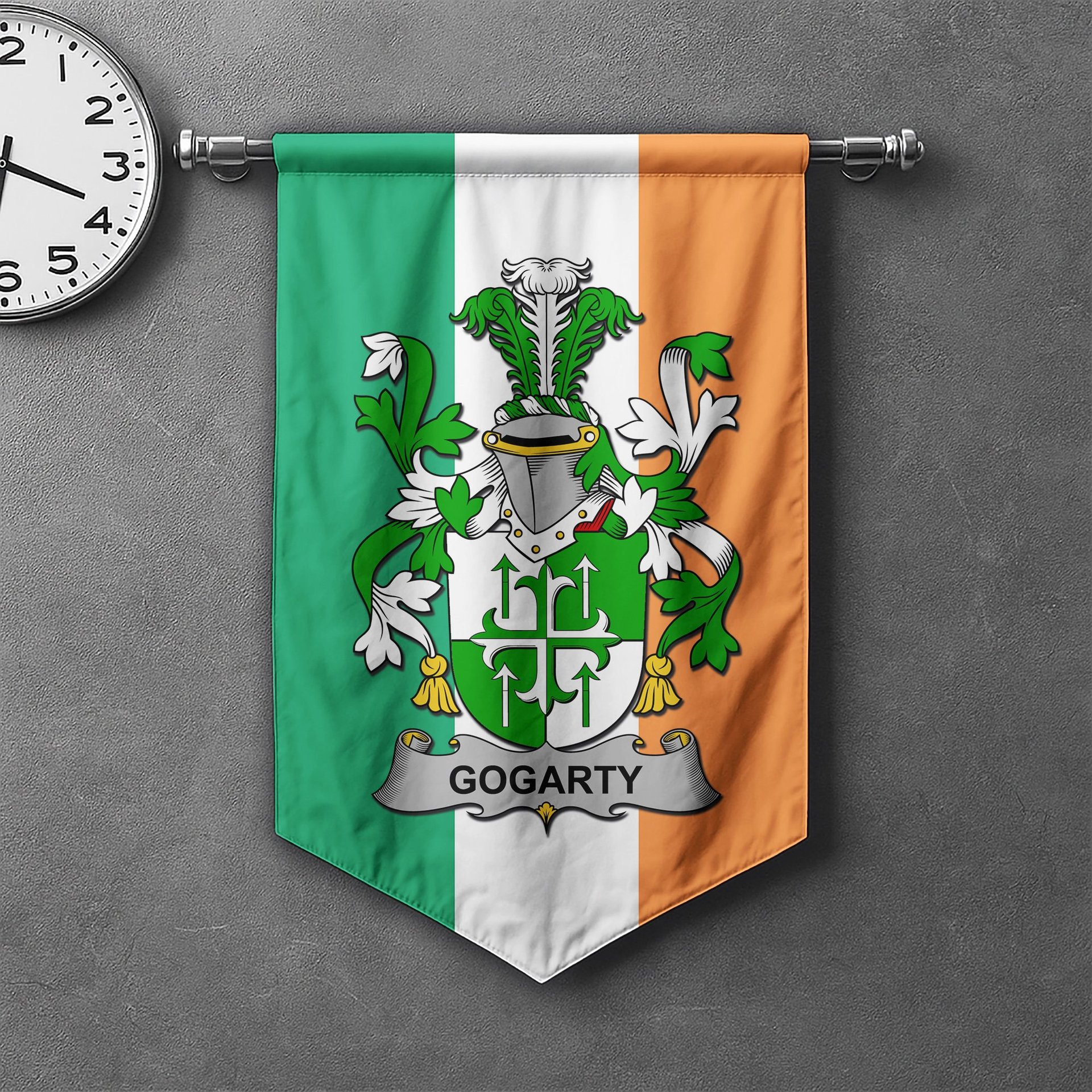 ScotsTee Shop Irish Gogarty Clan Coat of Arms Irish Tartan Gonfalon Flag
