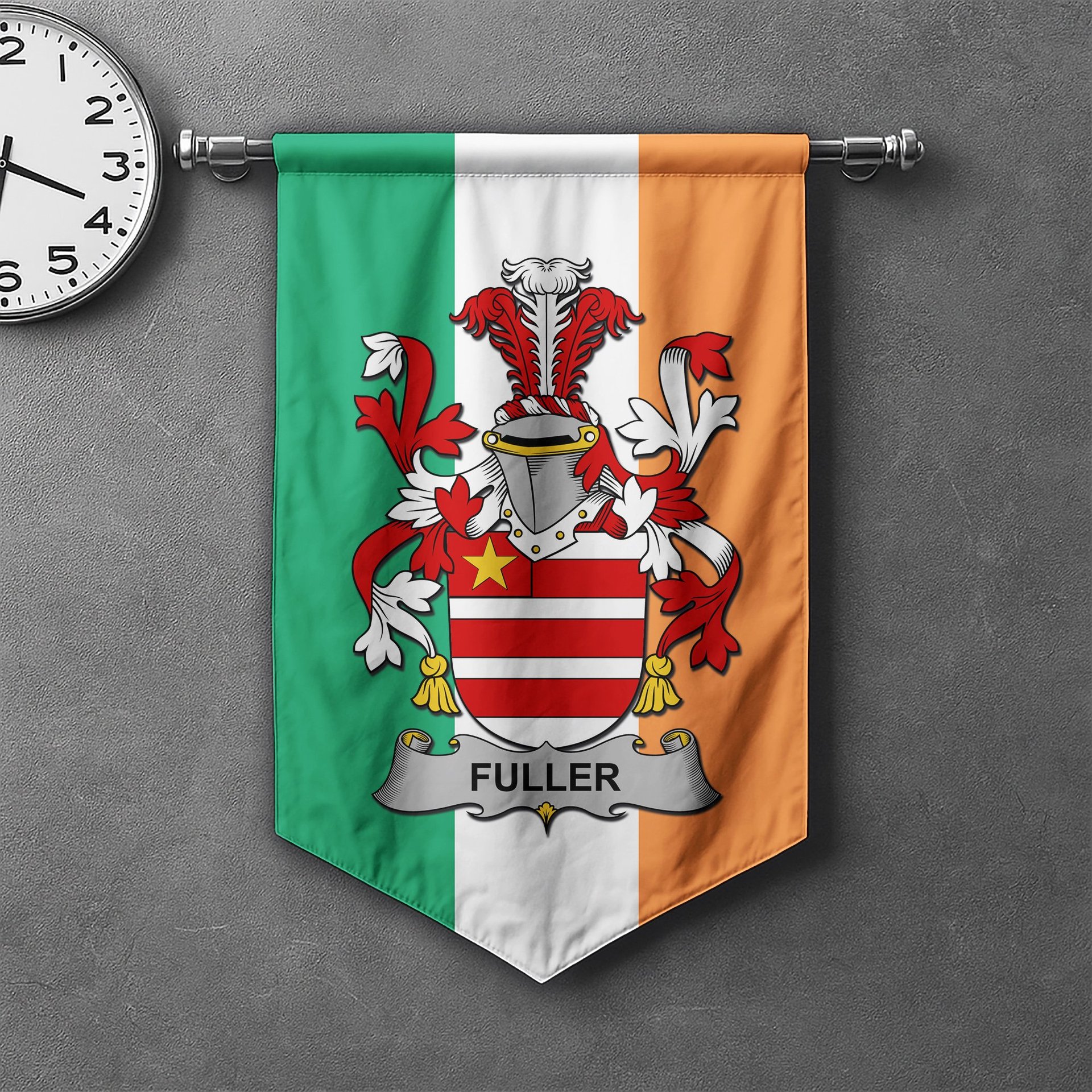 ScotsTee Shop Irish Fuller Clan Coat of Arms Irish Tartan Gonfalon Flag