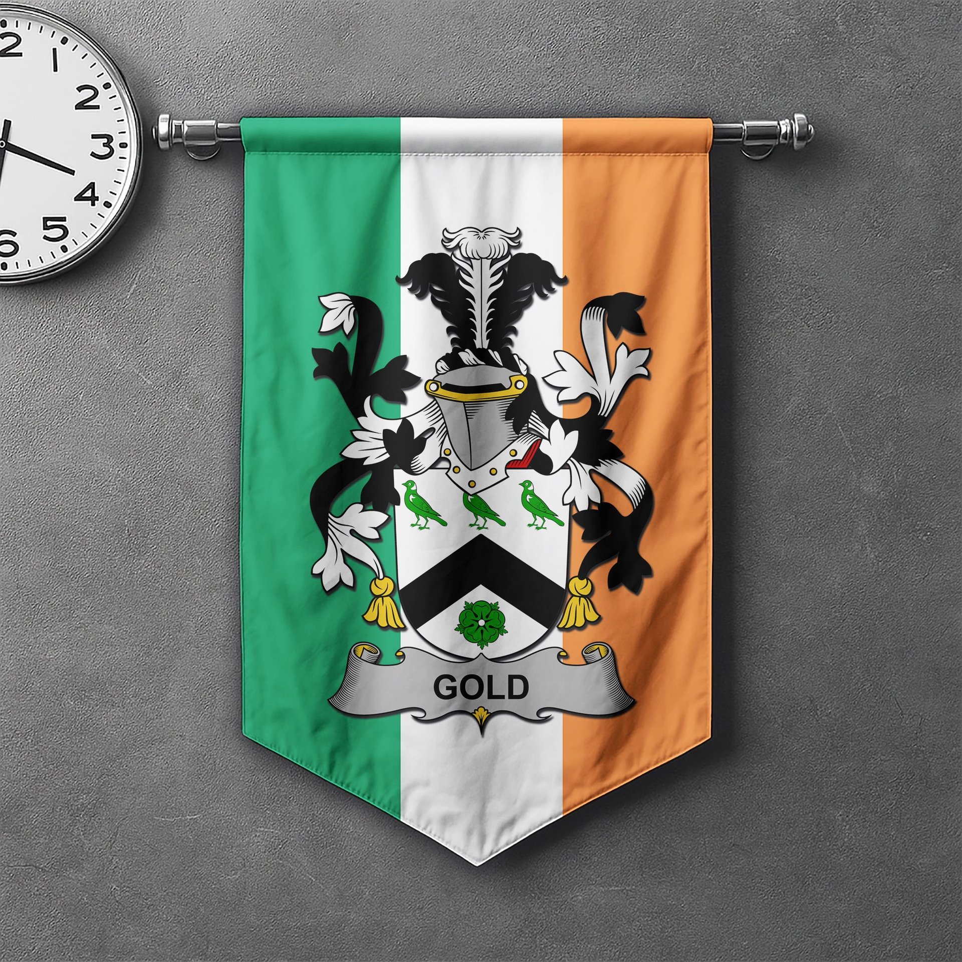 ScotsTee Shop Irish Gold Clan Coat of Arms Irish Tartan Gonfalon Flag