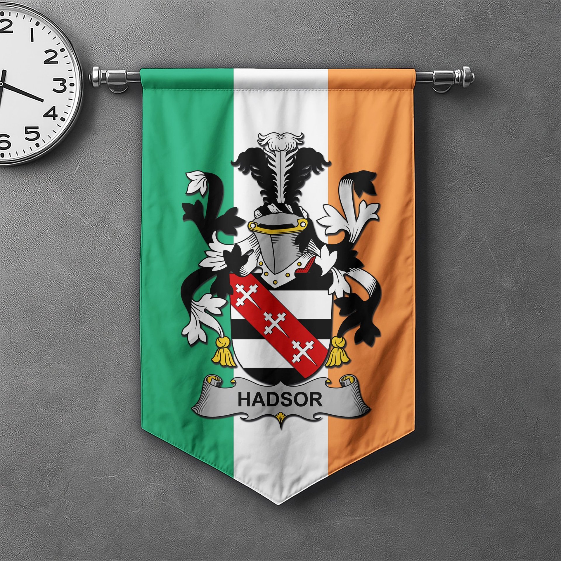 ScotsTee Shop Irish Hadsor Clan Coat of Arms Irish Tartan Gonfalon Flag