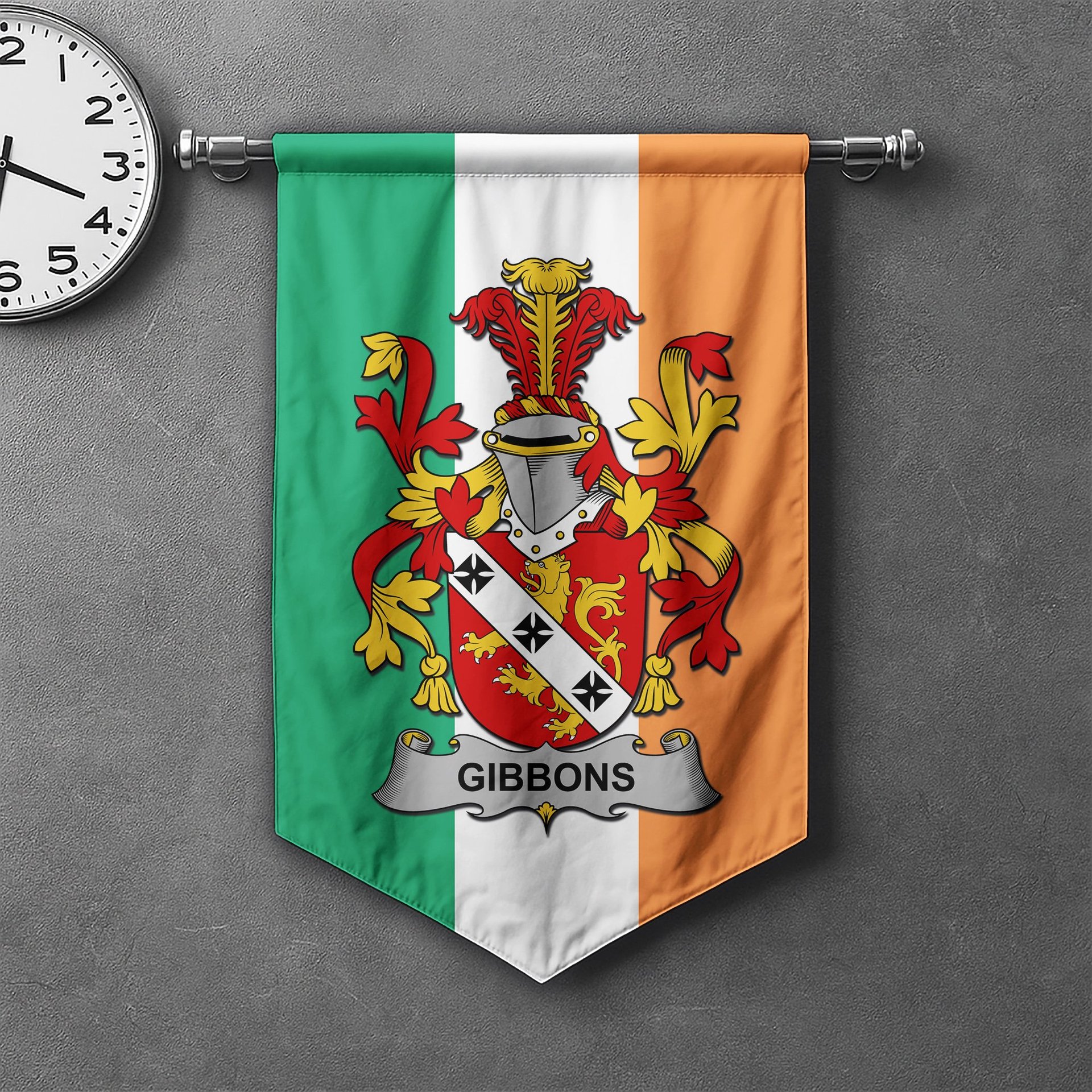 ScotsTee Shop Irish Gibbons or McGibbons Clan Coat of Arms Irish Tartan Gonfalon Flag
