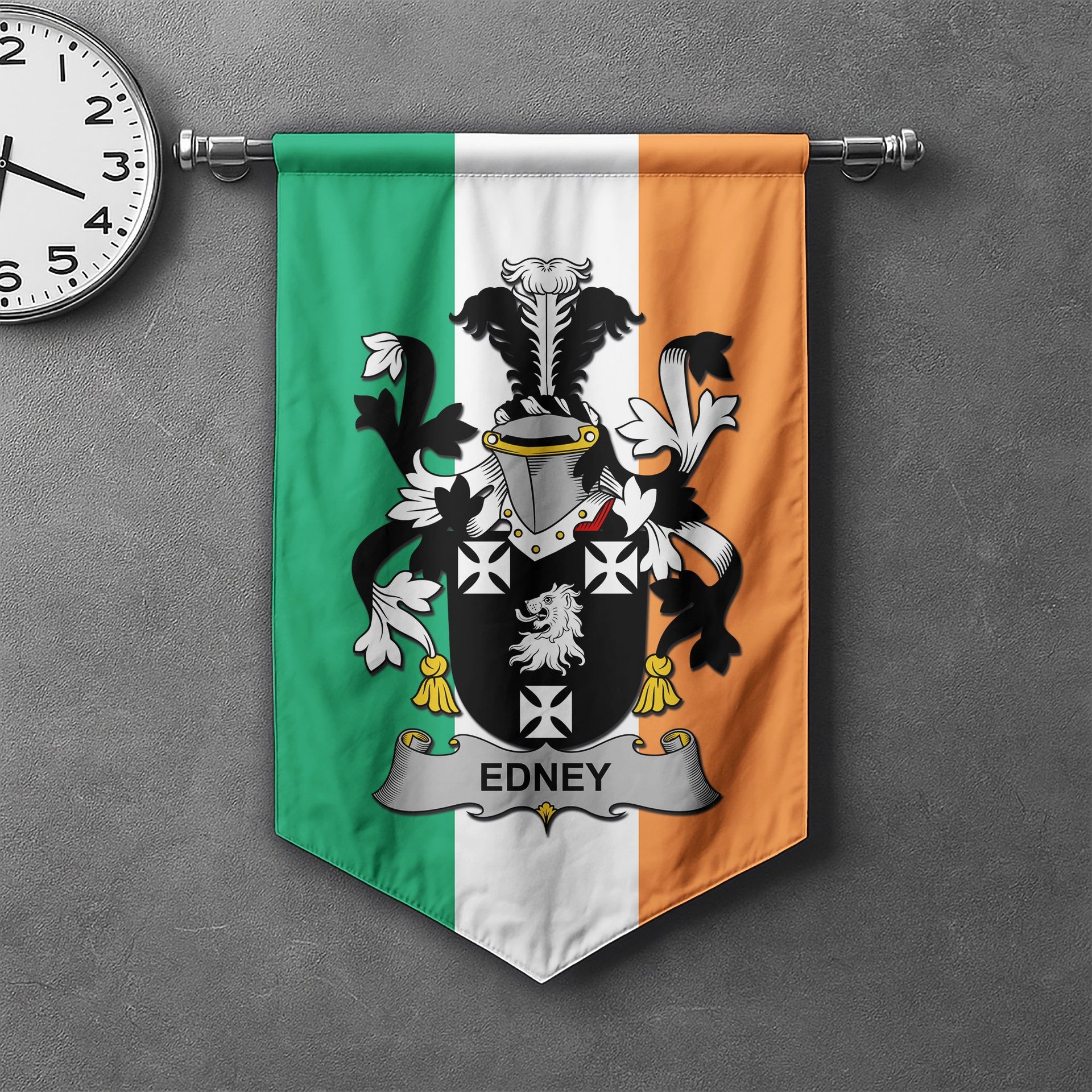 ScotsTee Shop Irish Edney Clan Coat of Arms Irish Tartan Gonfalon Flag