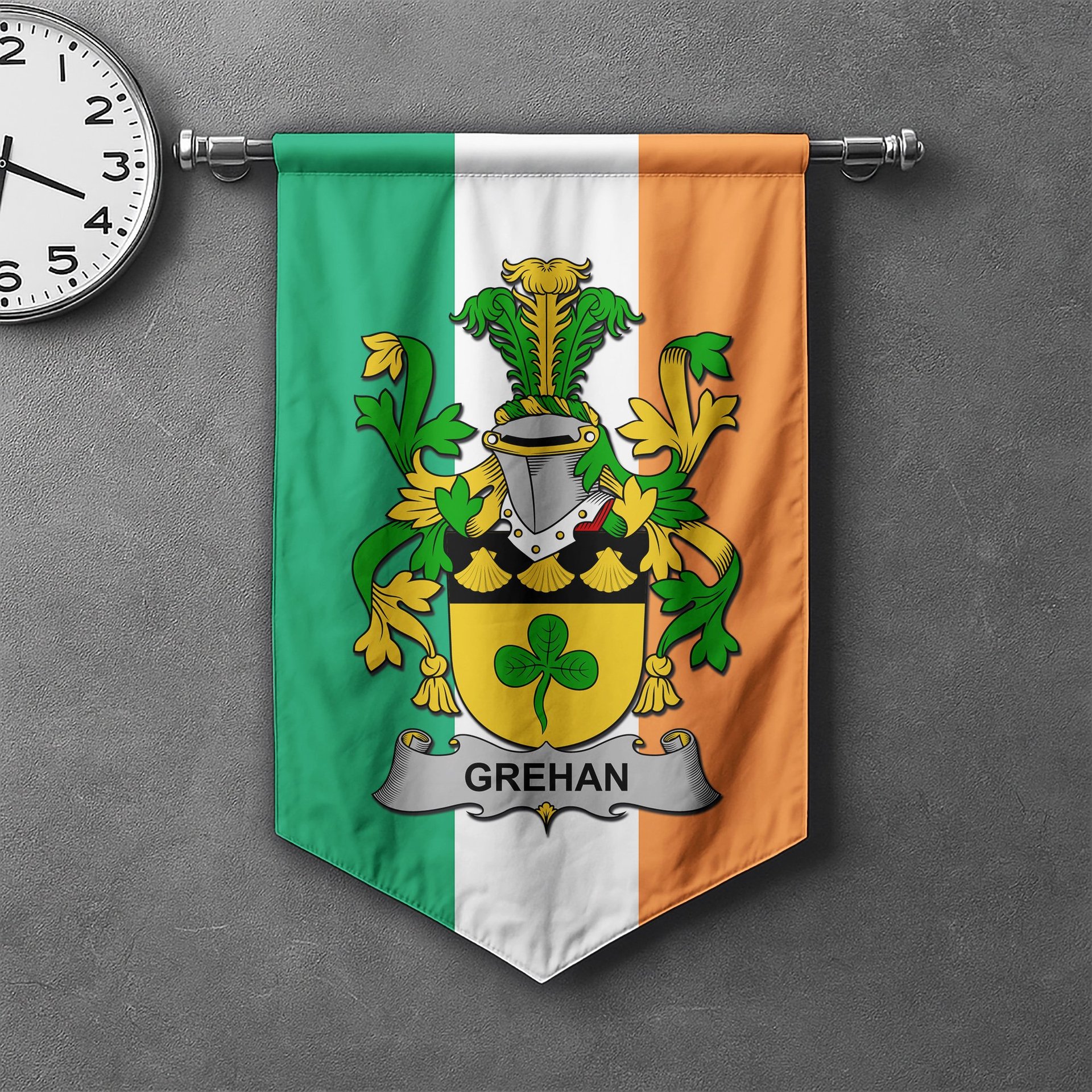 ScotsTee Shop Irish Grehan or O'Greaghan Clan Coat of Arms Irish Tartan Gonfalon Flag