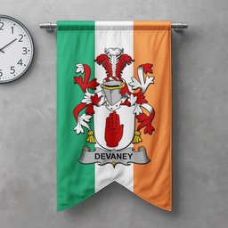 ScotsTee Shop Irish Devaney or O'Devaney Clan Coat of Arms Irish Tartan Gonfalon Flag