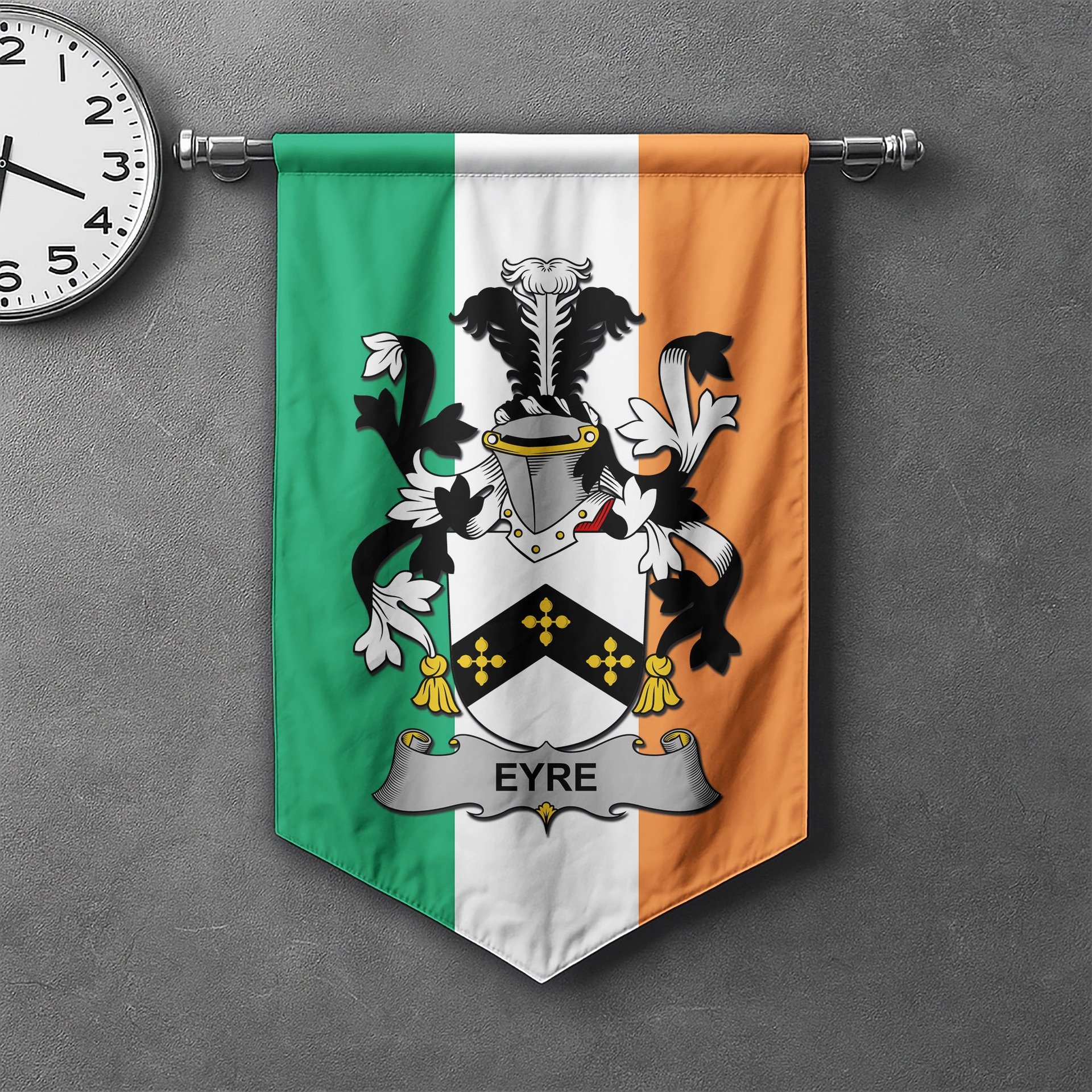 ScotsTee Shop Irish Eyre Clan Coat of Arms Irish Tartan Gonfalon Flag