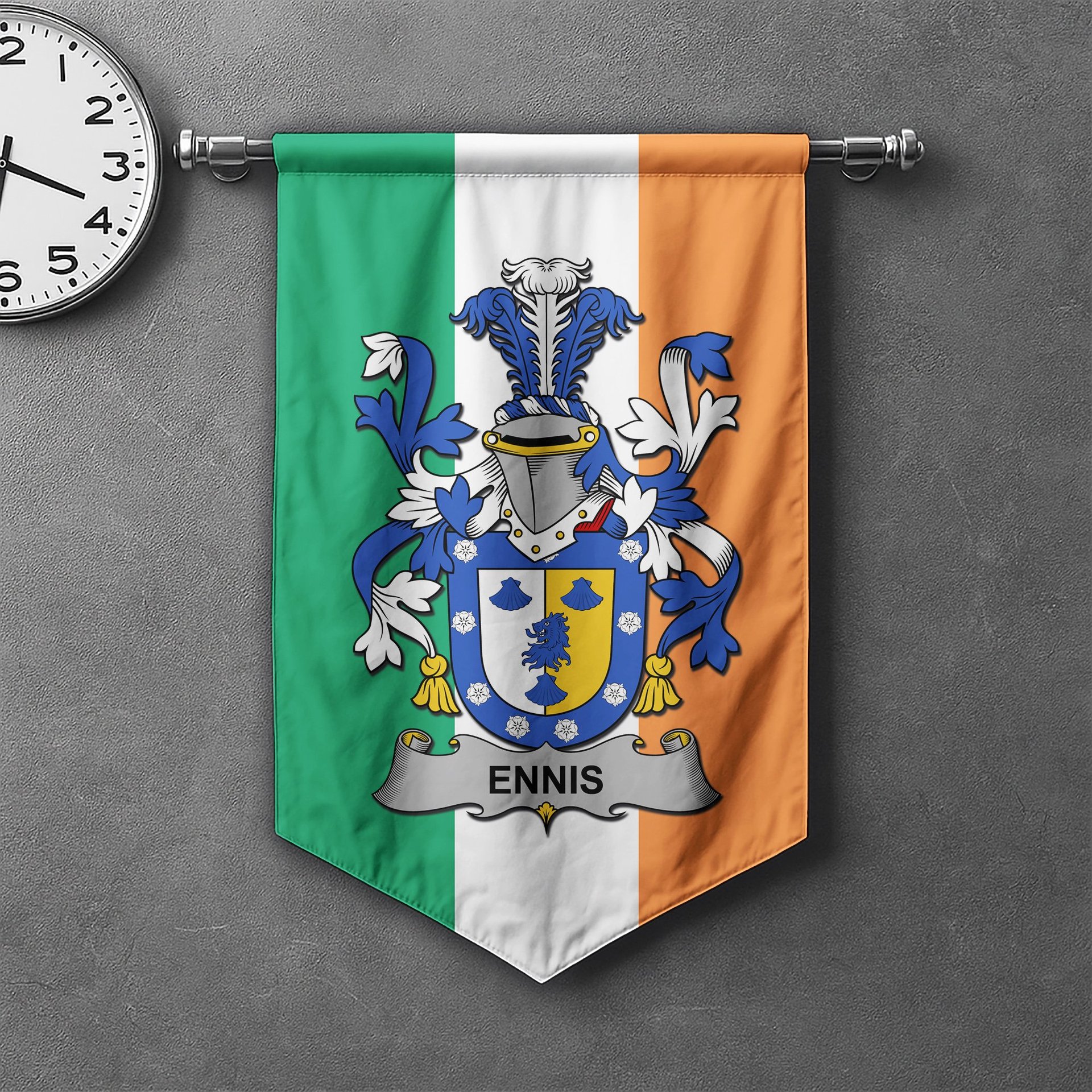ScotsTee Shop Irish Ennis Clan Coat of Arms Irish Tartan Gonfalon Flag