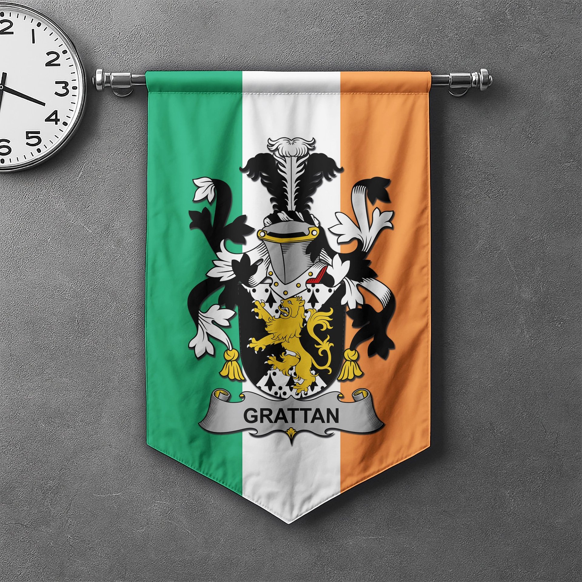 ScotsTee Shop Irish Grattan or McGrattan Clan Coat of Arms Irish Tartan Gonfalon Flag