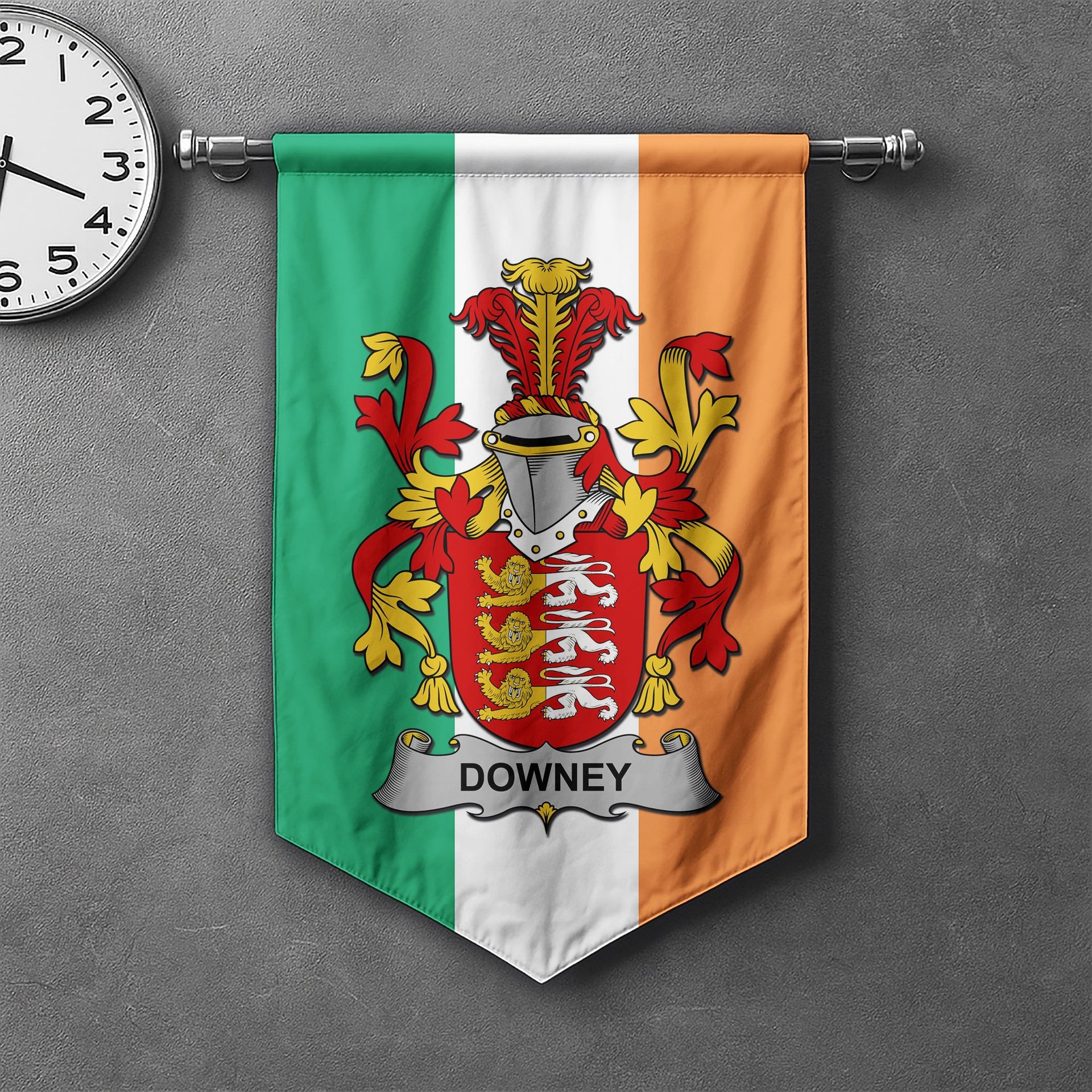 ScotsTee Shop Irish Downey or O'Downey Clan Coat of Arms Irish Tartan Gonfalon Flag