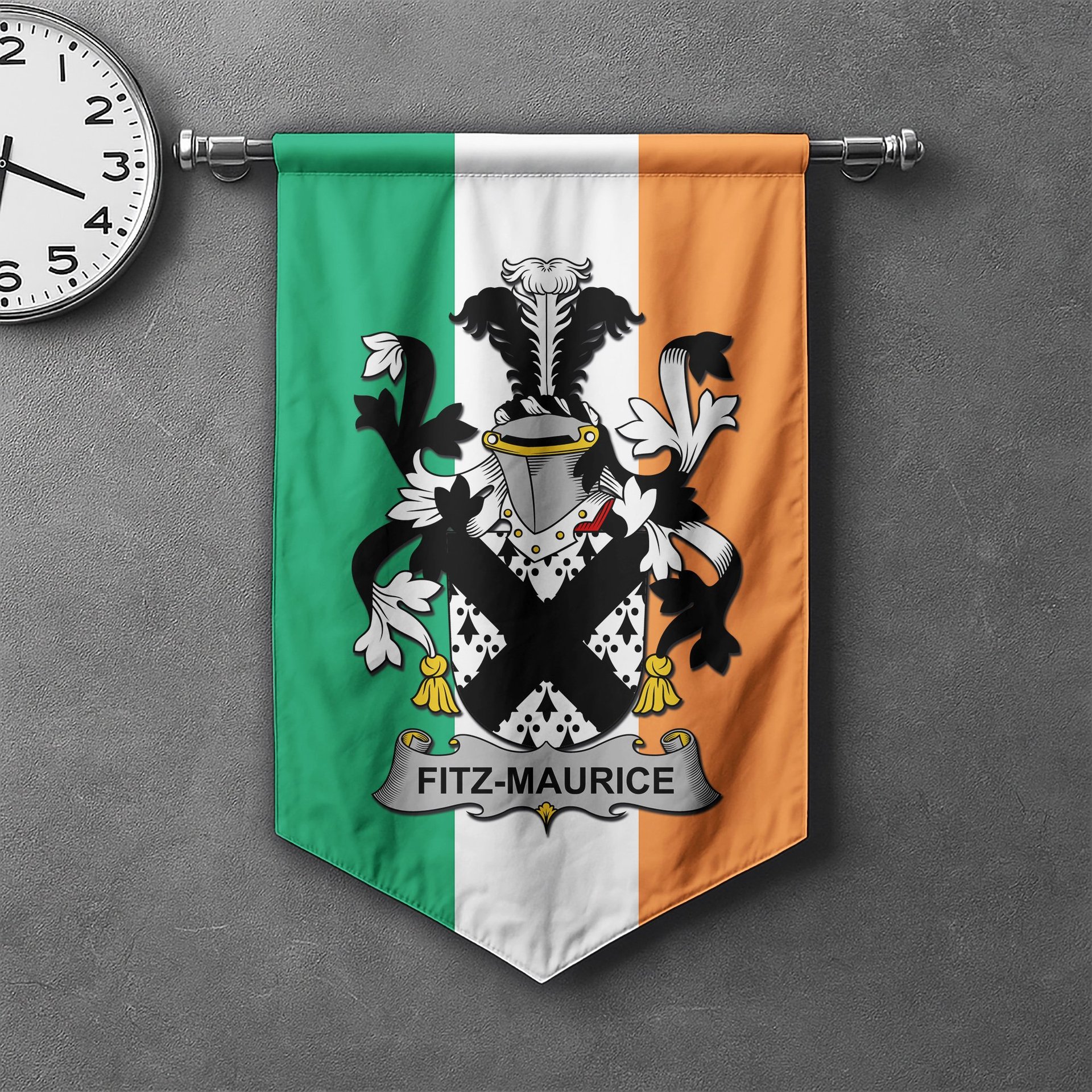 ScotsTee Shop Irish Fitz-Maurice Clan Coat of Arms Irish Tartan Gonfalon Flag