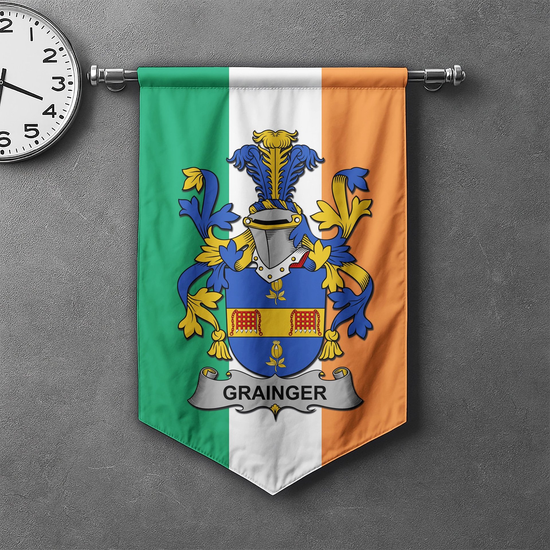 ScotsTee Shop Irish Grainger Clan Coat of Arms Irish Tartan Gonfalon Flag