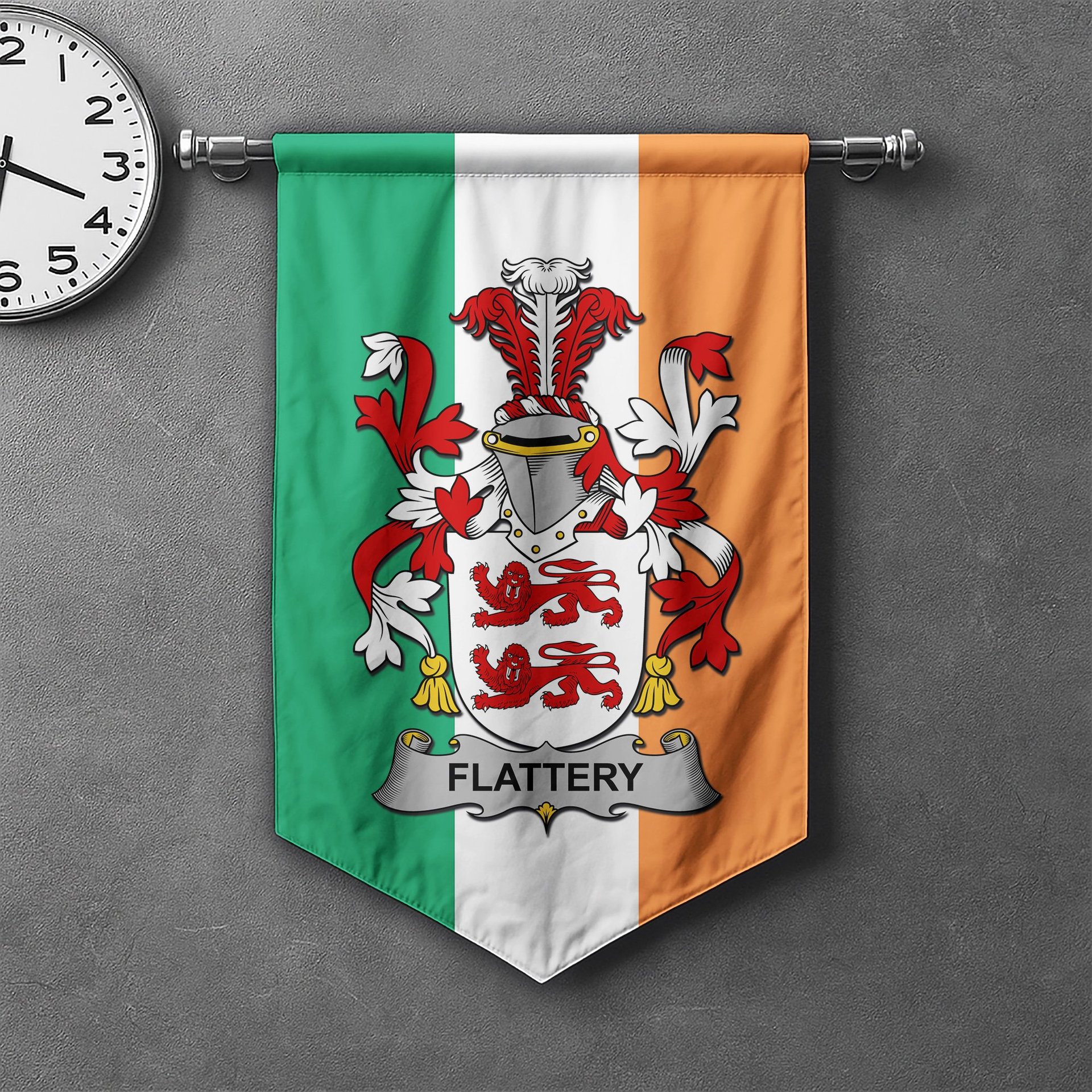 ScotsTee Shop Irish Flattery or O'Flattery Clan Coat of Arms Irish Tartan Gonfalon Flag