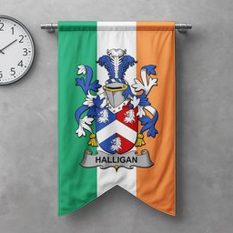 ScotsTee Shop Irish Halligan or O'Halligan Clan Coat of Arms Irish Tartan Gonfalon Flag