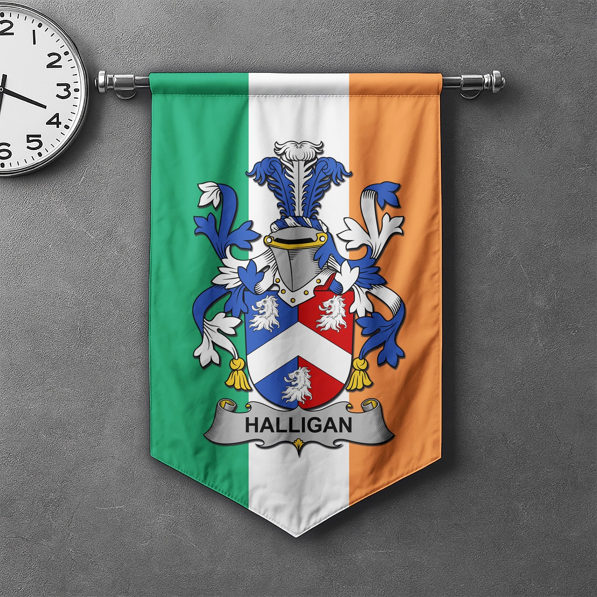 ScotsTee Shop Irish Halligan or O'Halligan Clan Coat of Arms Irish Tartan Gonfalon Flag